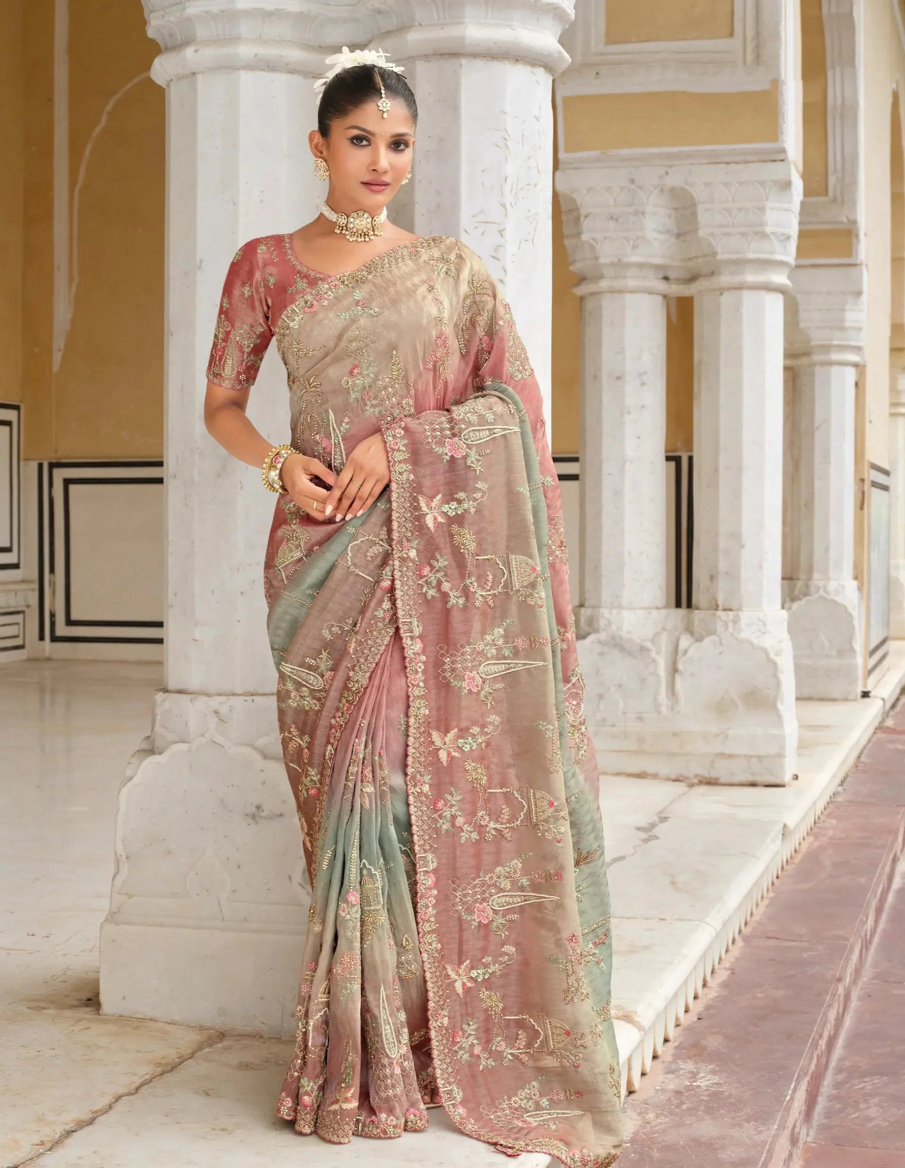 Pink-Beige Heavy Embroidery Zari Silk Saree