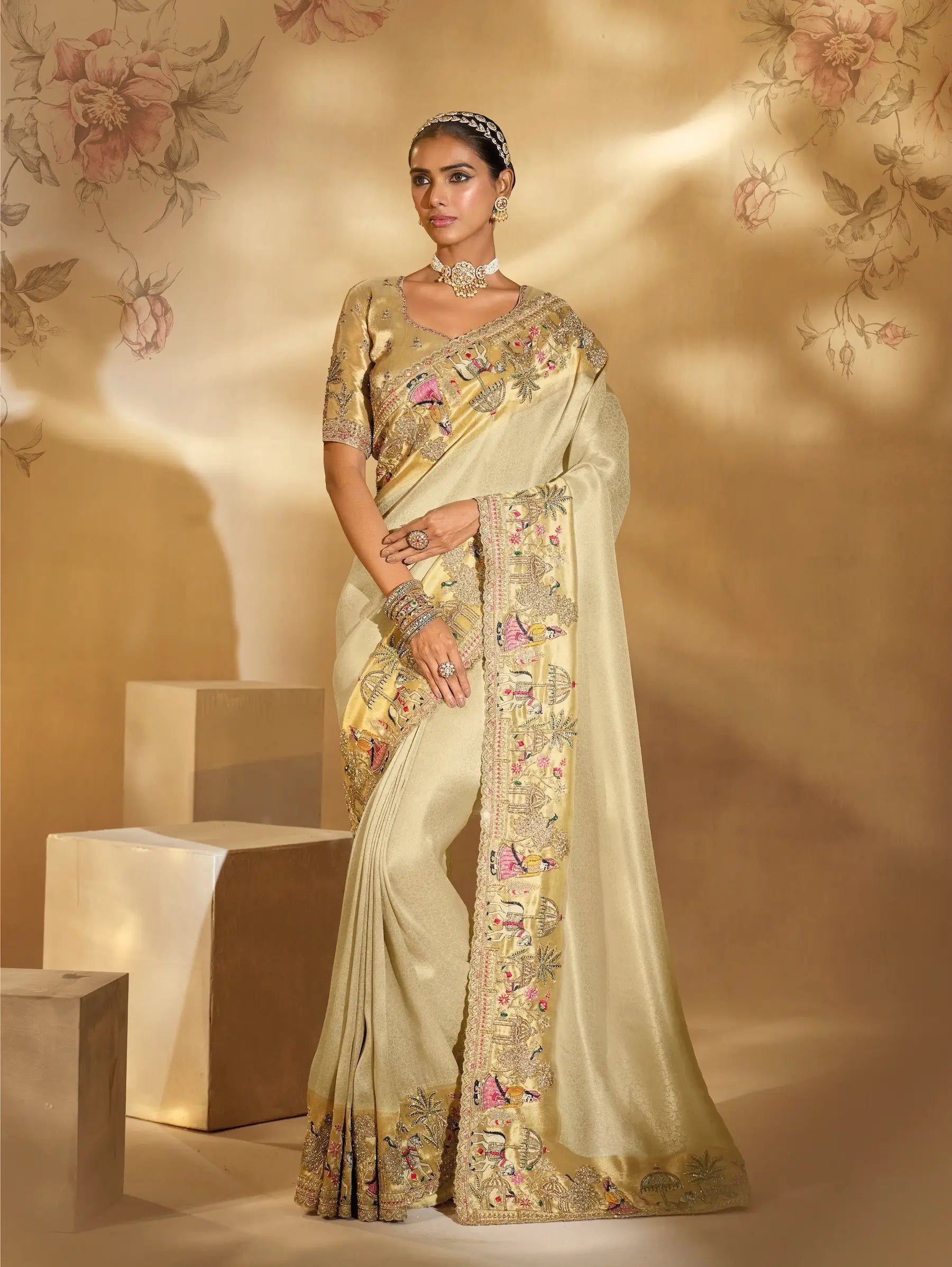 Beige Silk Heavy Embroidery & Hand Work Saree - qivii