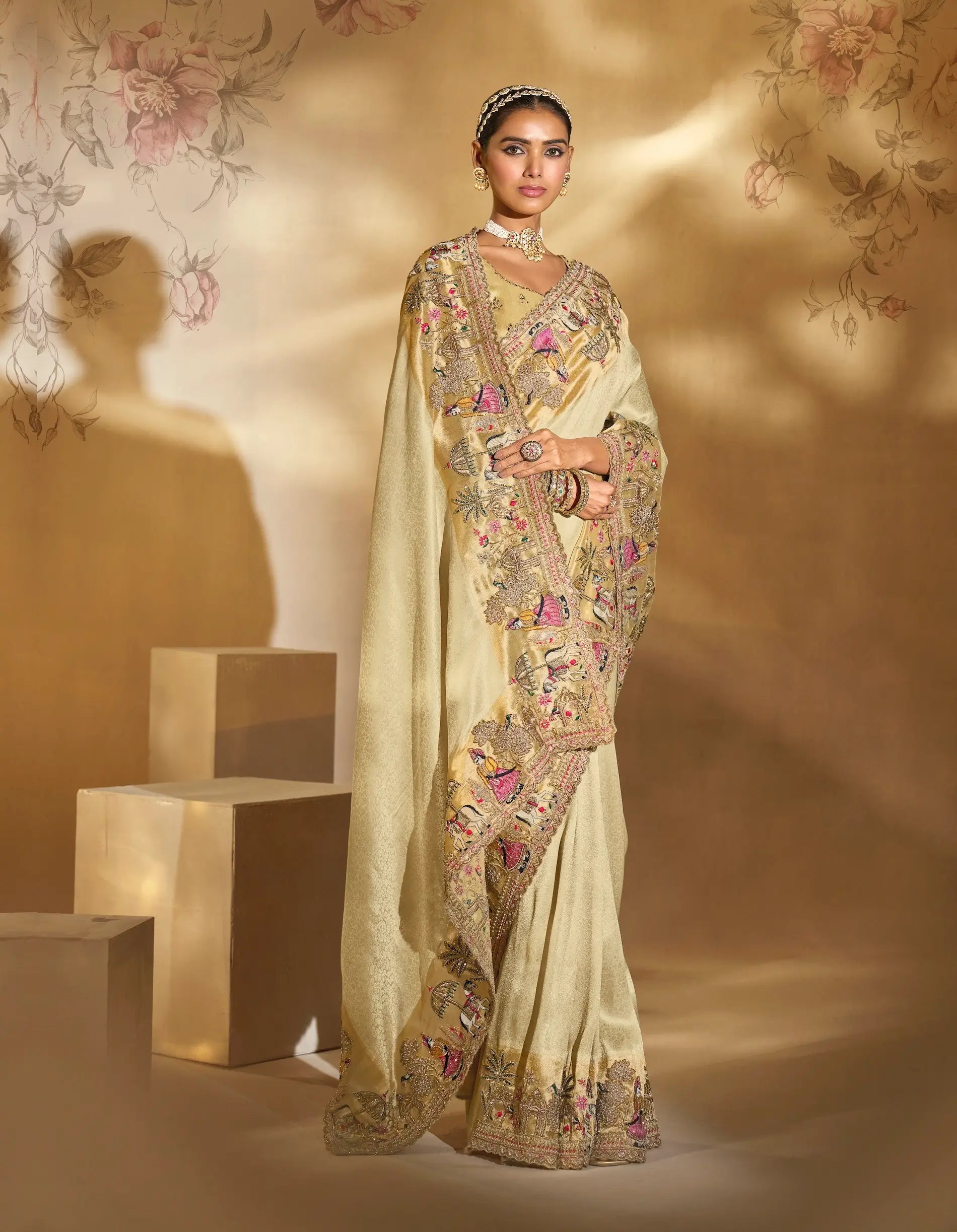 Beige Silk Heavy Embroidery & Hand Work Saree - qivii