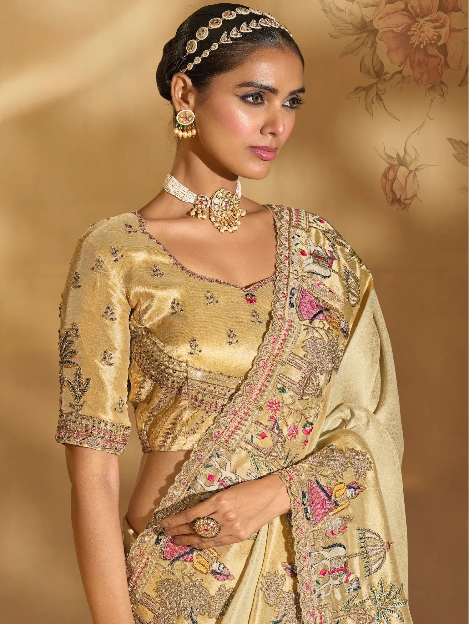 Beige Silk Heavy Embroidery & Hand Work Saree - qivii
