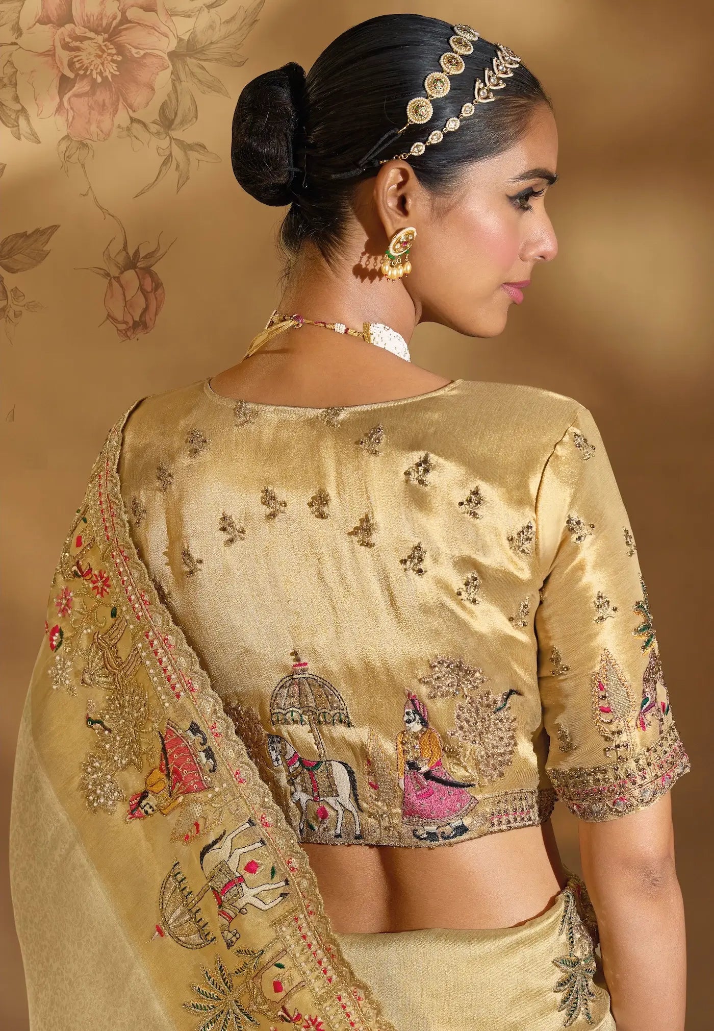Beige Silk Heavy Embroidery & Hand Work Saree - qivii