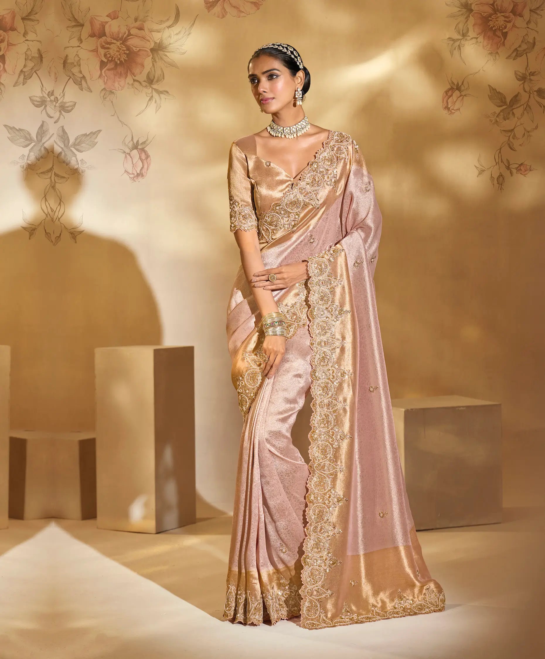 Blush Pink Silk Heavy Embroidery & Hand Work Saree - qivii