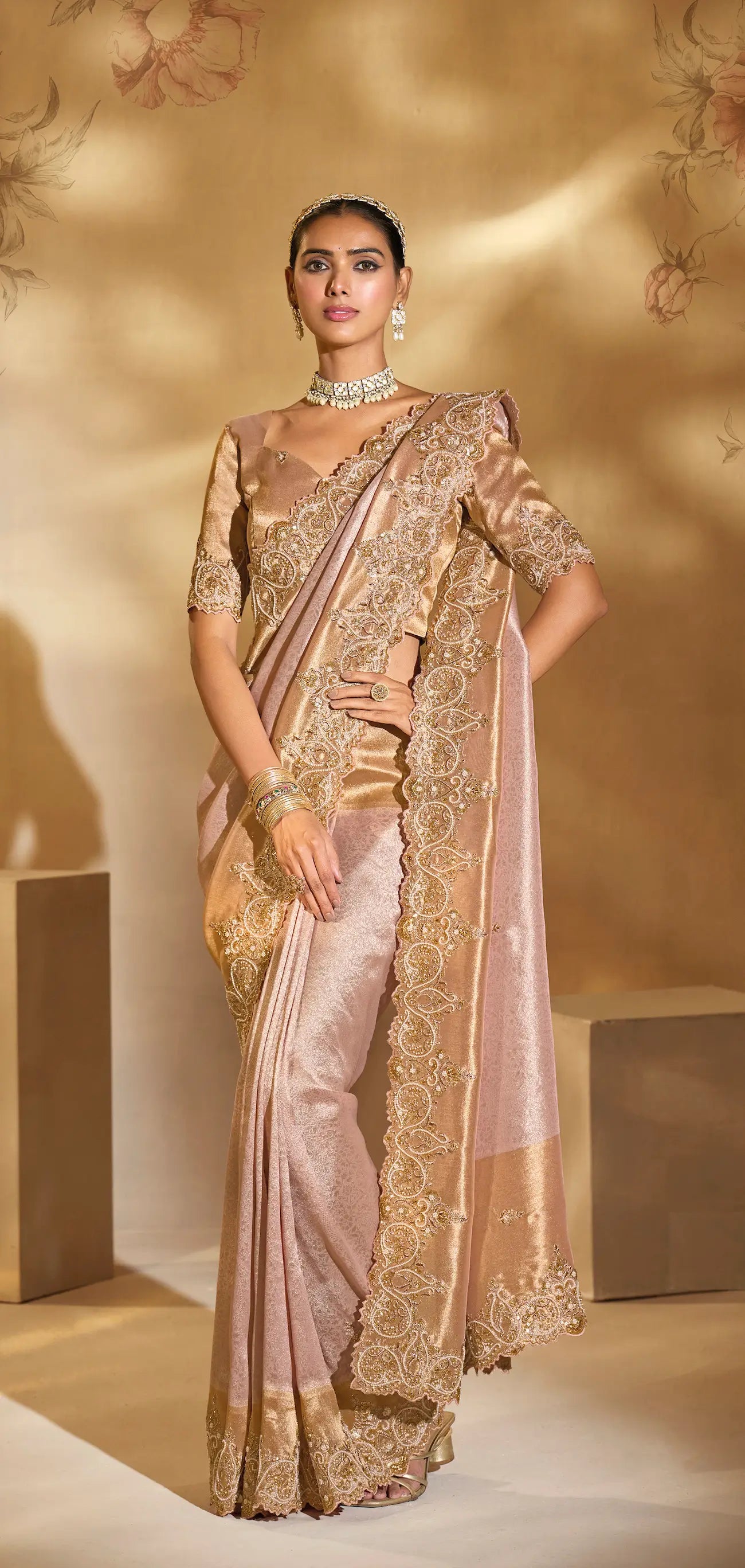 Blush Pink Silk Heavy Embroidery & Hand Work Saree - qivii