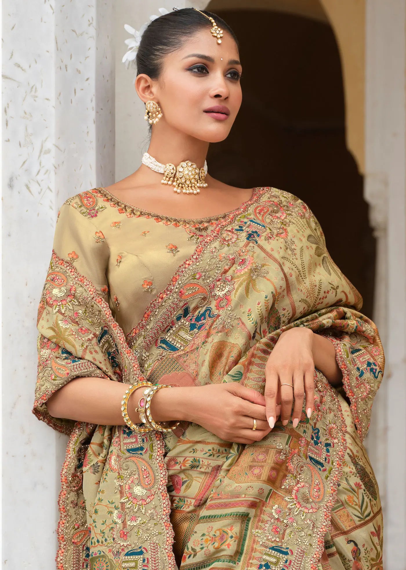 Antique Beige Heavy Embroidery Zari Silk Saree