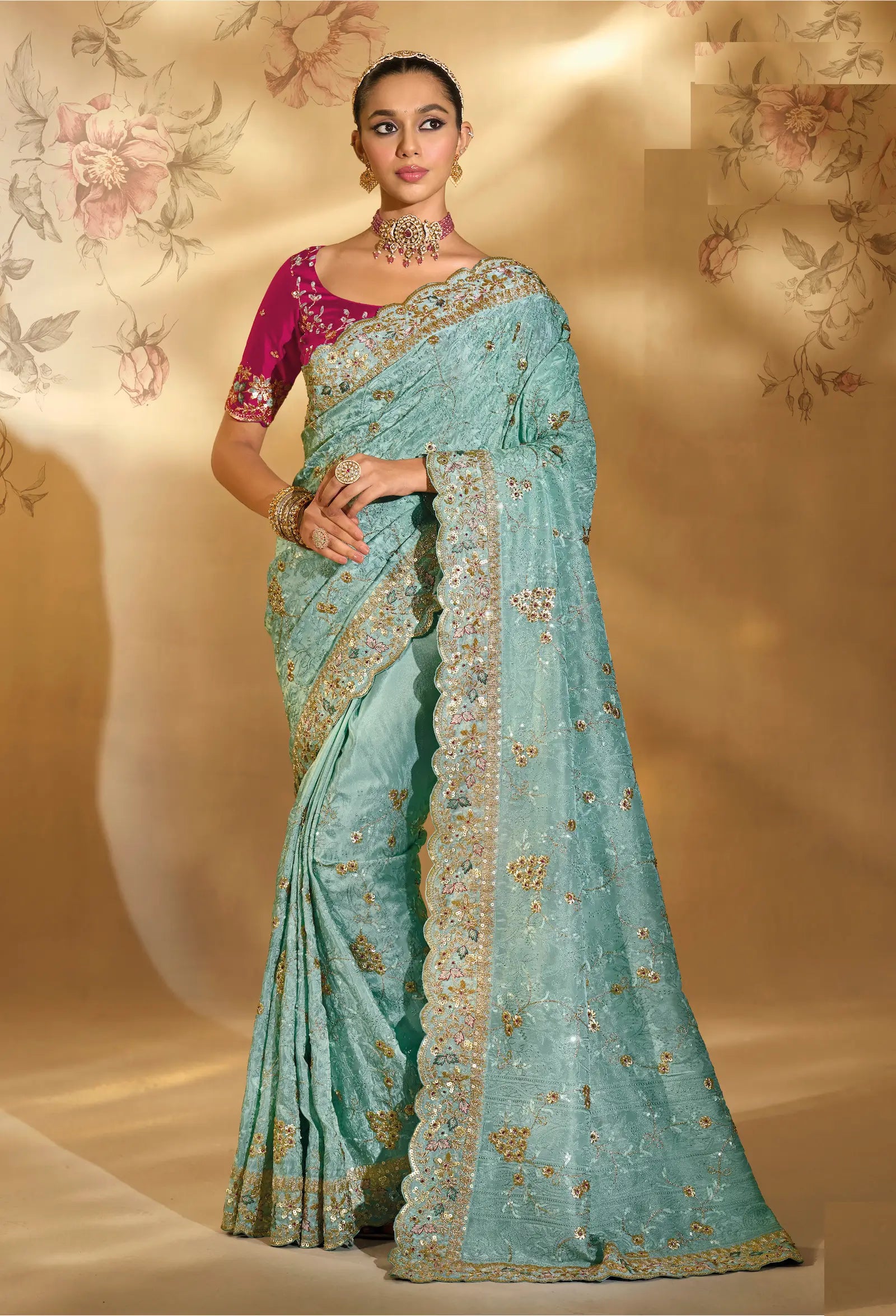 Sea Blue Silk Heavy Embroidery & Hand Work Saree - qivii