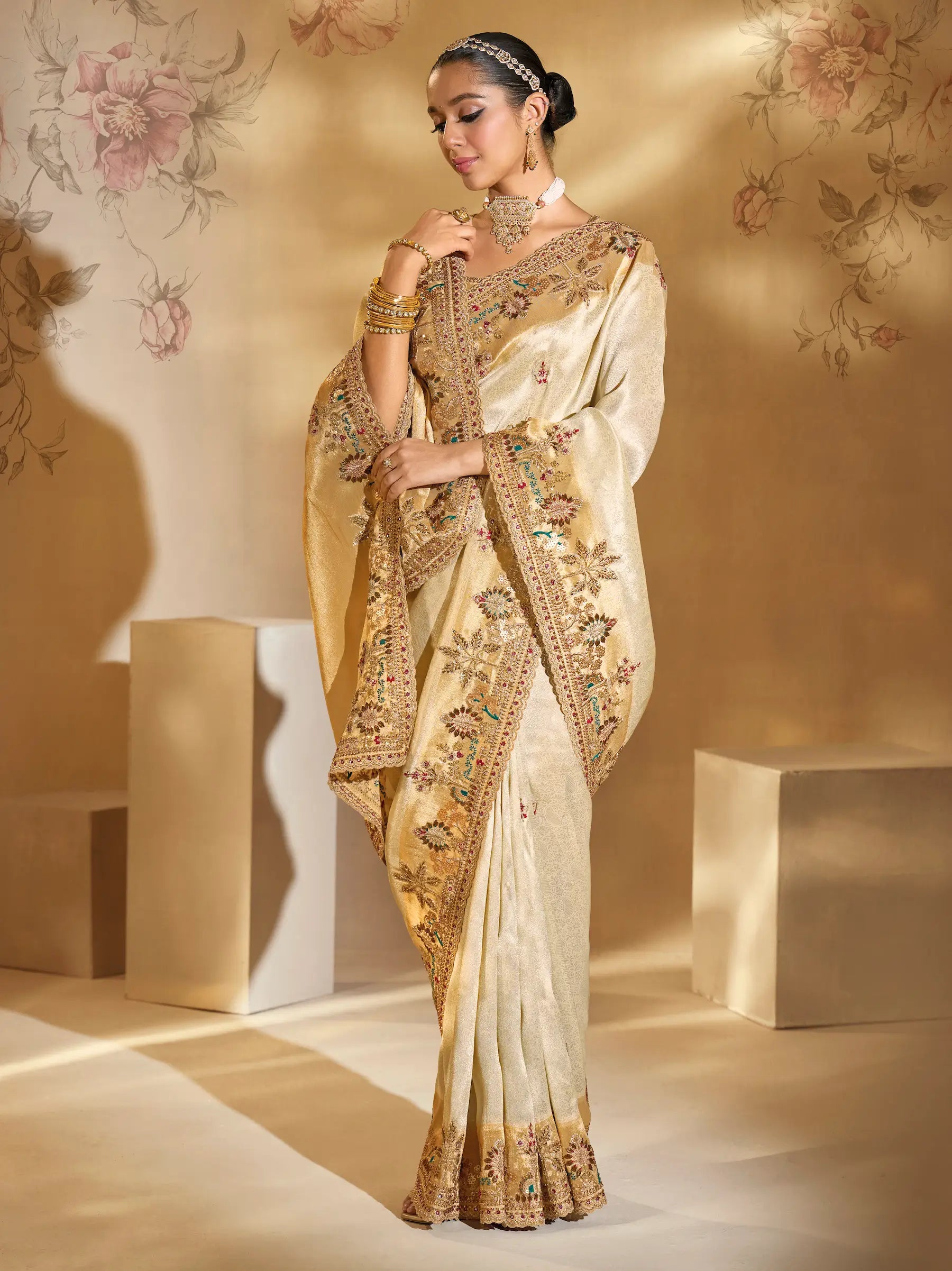 Almond Beige Silk Heavy Embroidery & Hand Work Saree - qivii