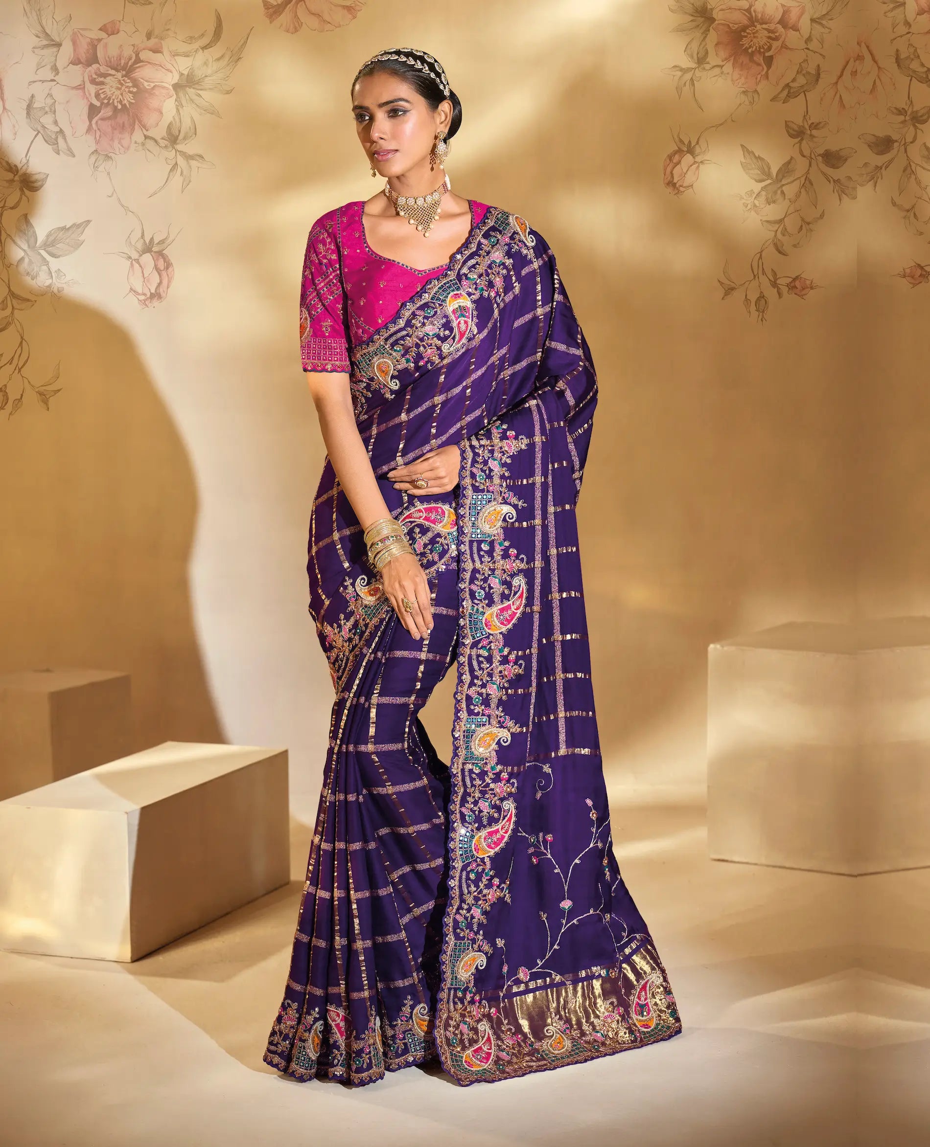 Purple Gaji Silk Heavy Embroidery & Hand Work Saree - qivii