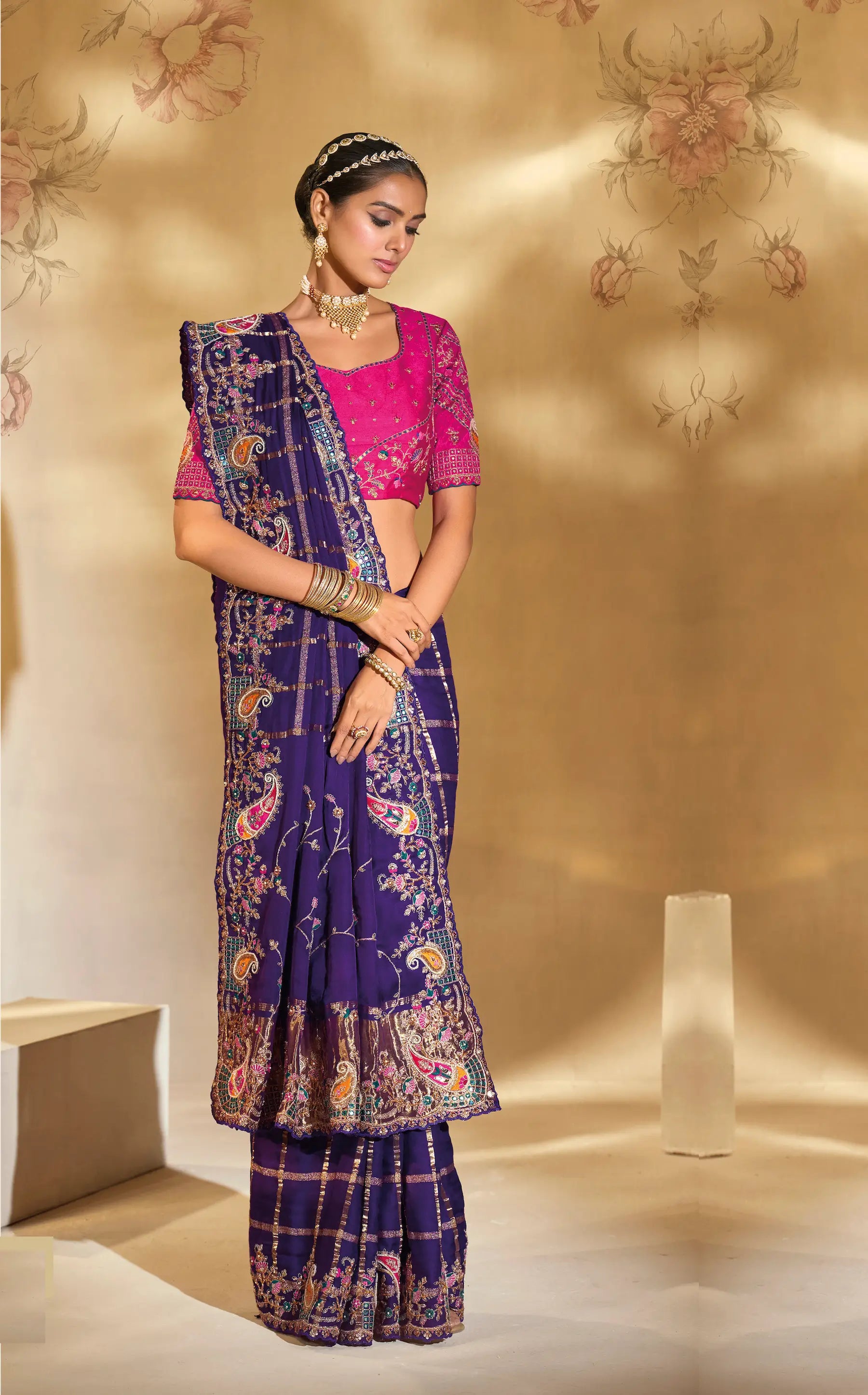 Purple Gaji Silk Heavy Embroidery & Hand Work Saree - qivii