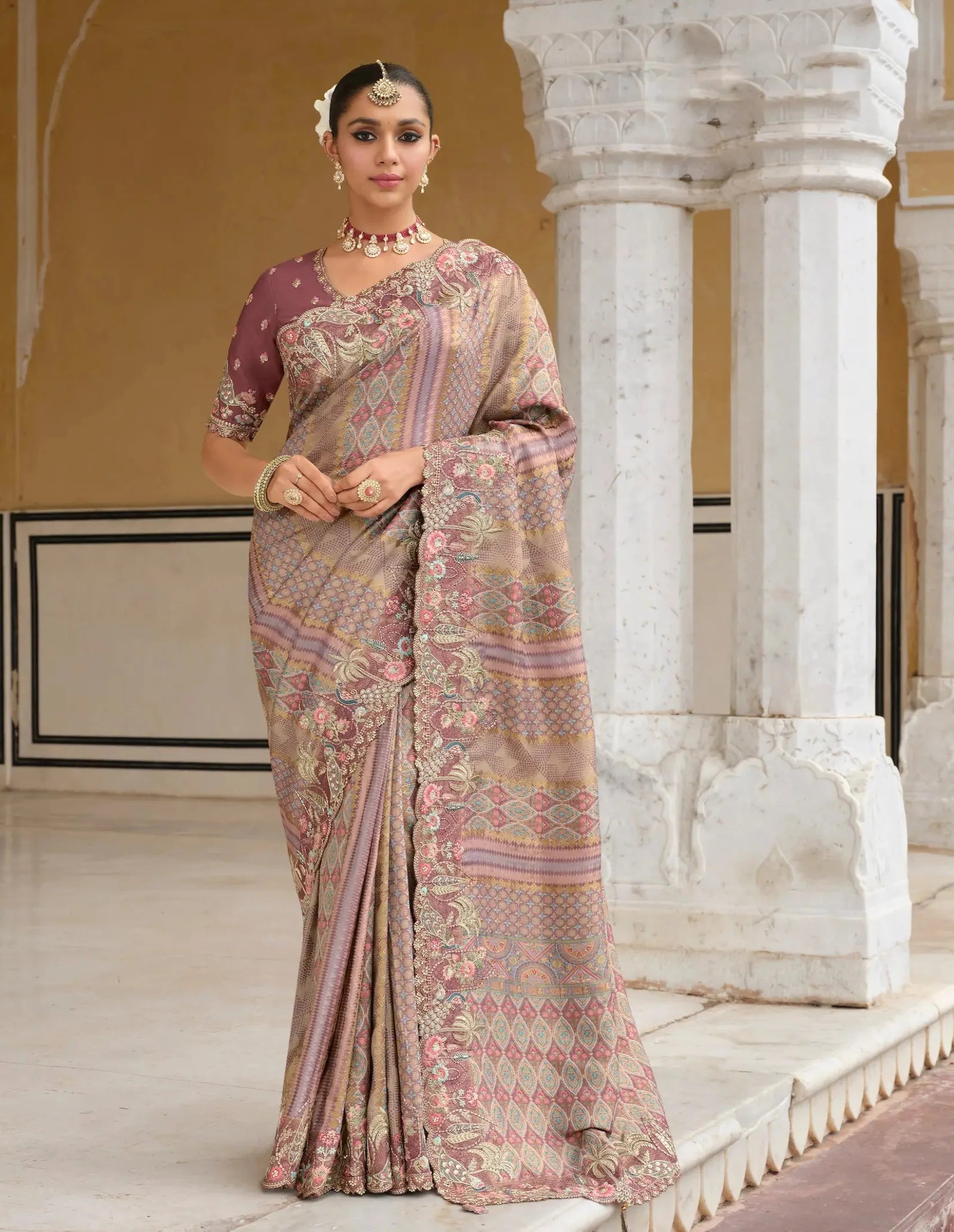 Dark Mauve Heavy Embroidery Zari Silk Saree