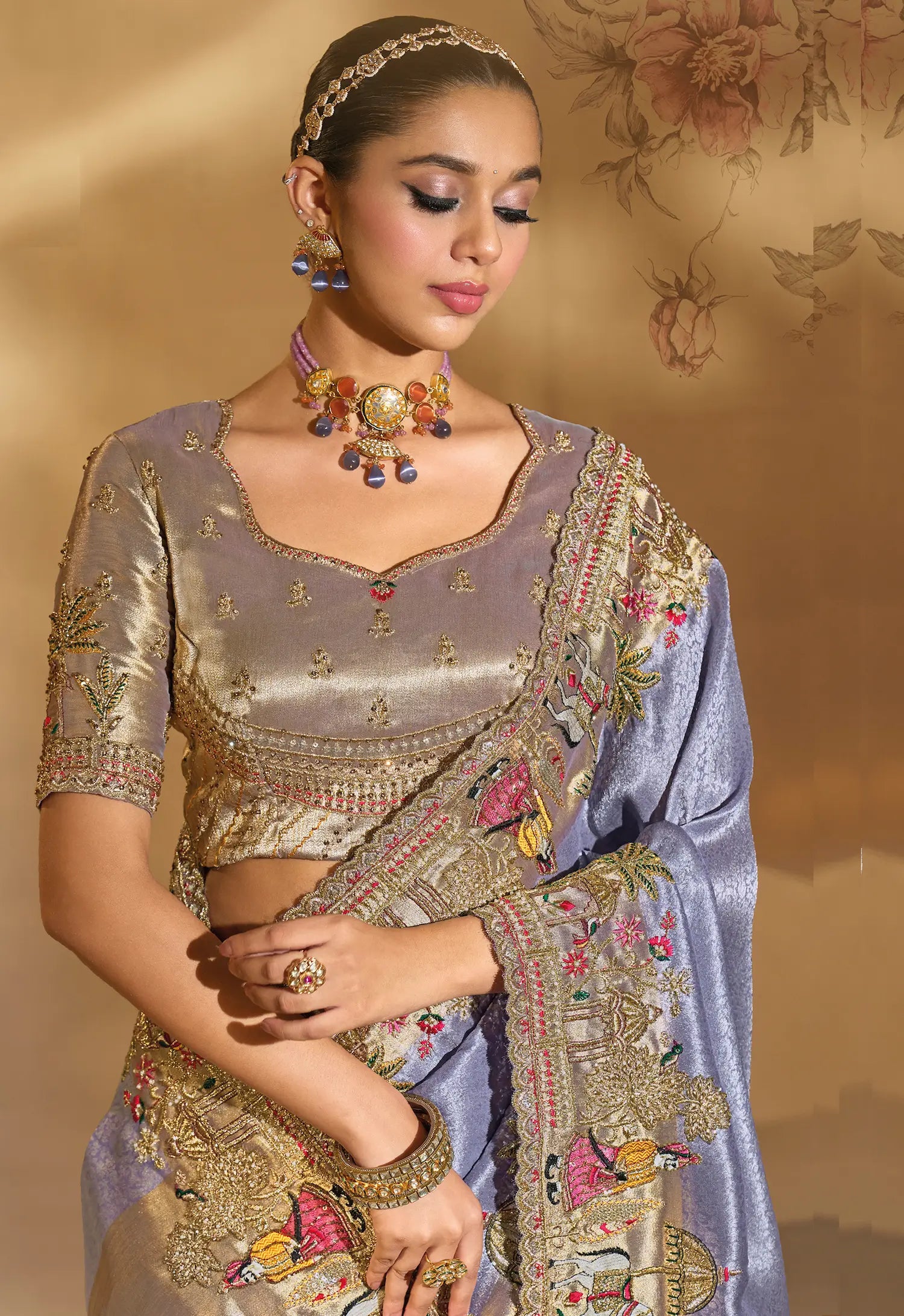 Lavender Silk Heavy Embroidery & Hand Work Saree - qivii