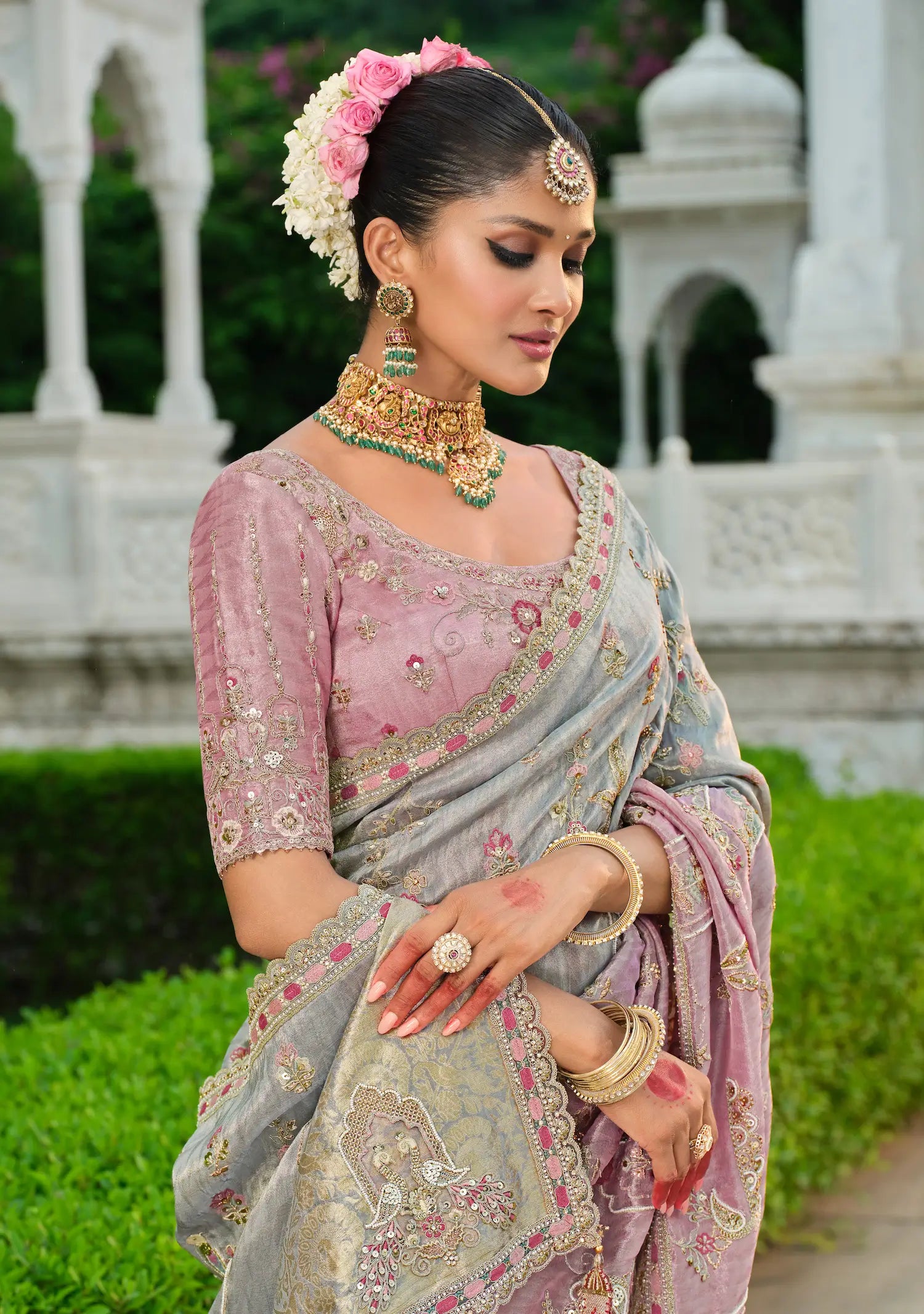 Pink-Grey Heavy Embroidery Zari Silk Saree