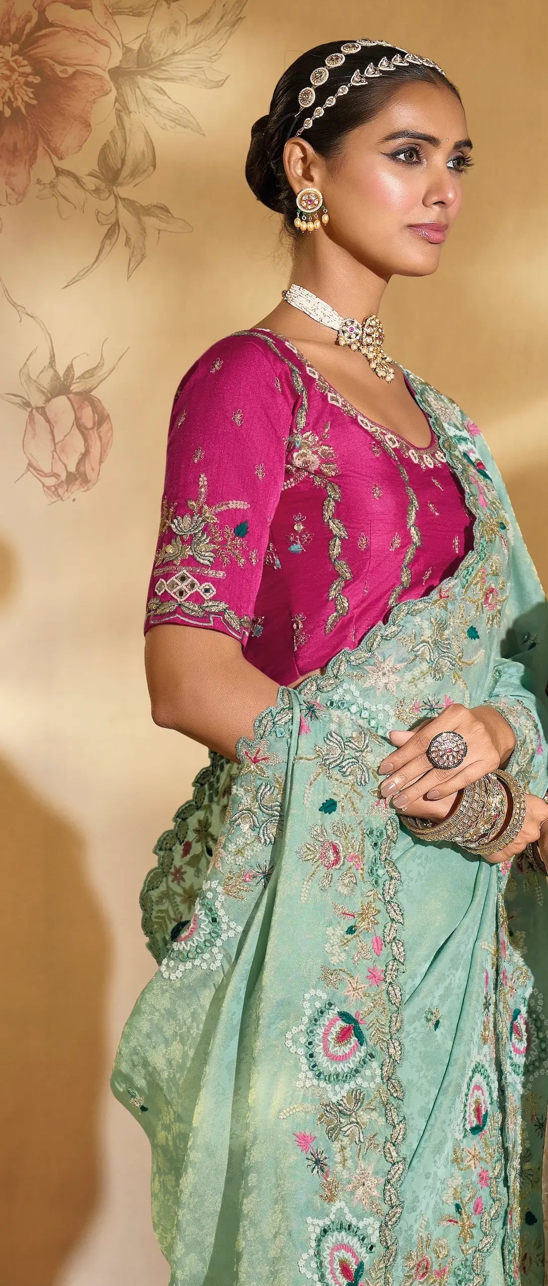 Sea Green Silk Heavy Embroidery & Hand Work Saree - qivii