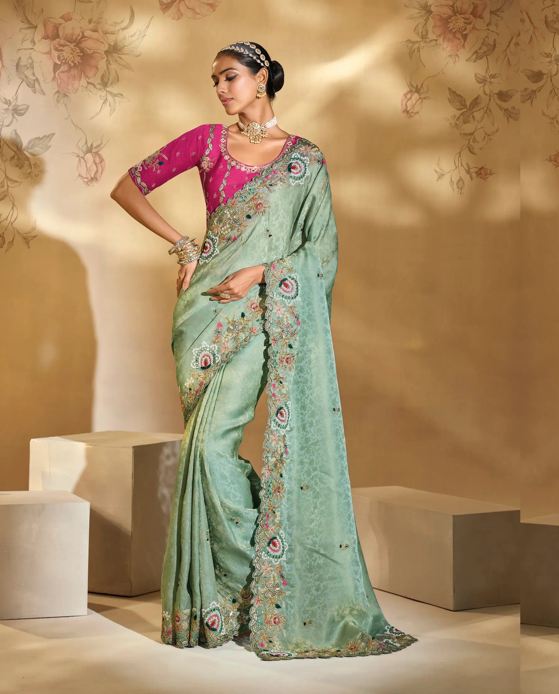 Sea Green Silk Heavy Embroidery & Hand Work Saree - qivii