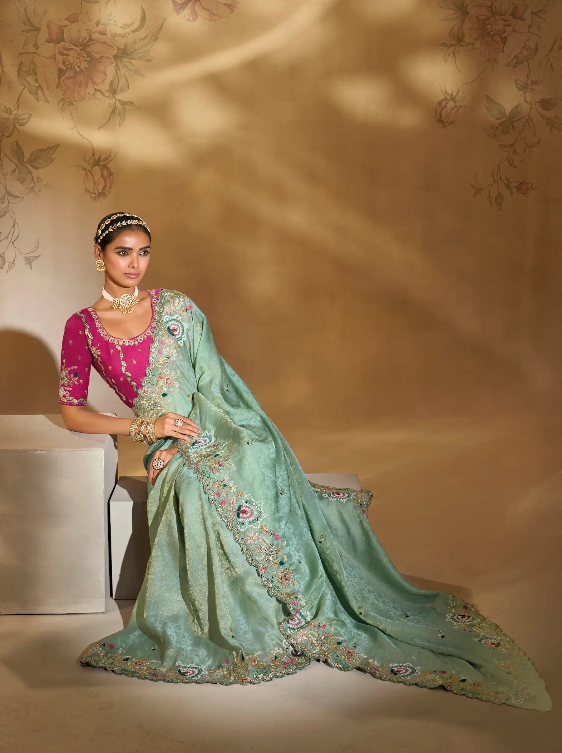 Sea Green Silk Heavy Embroidery & Hand Work Saree - qivii