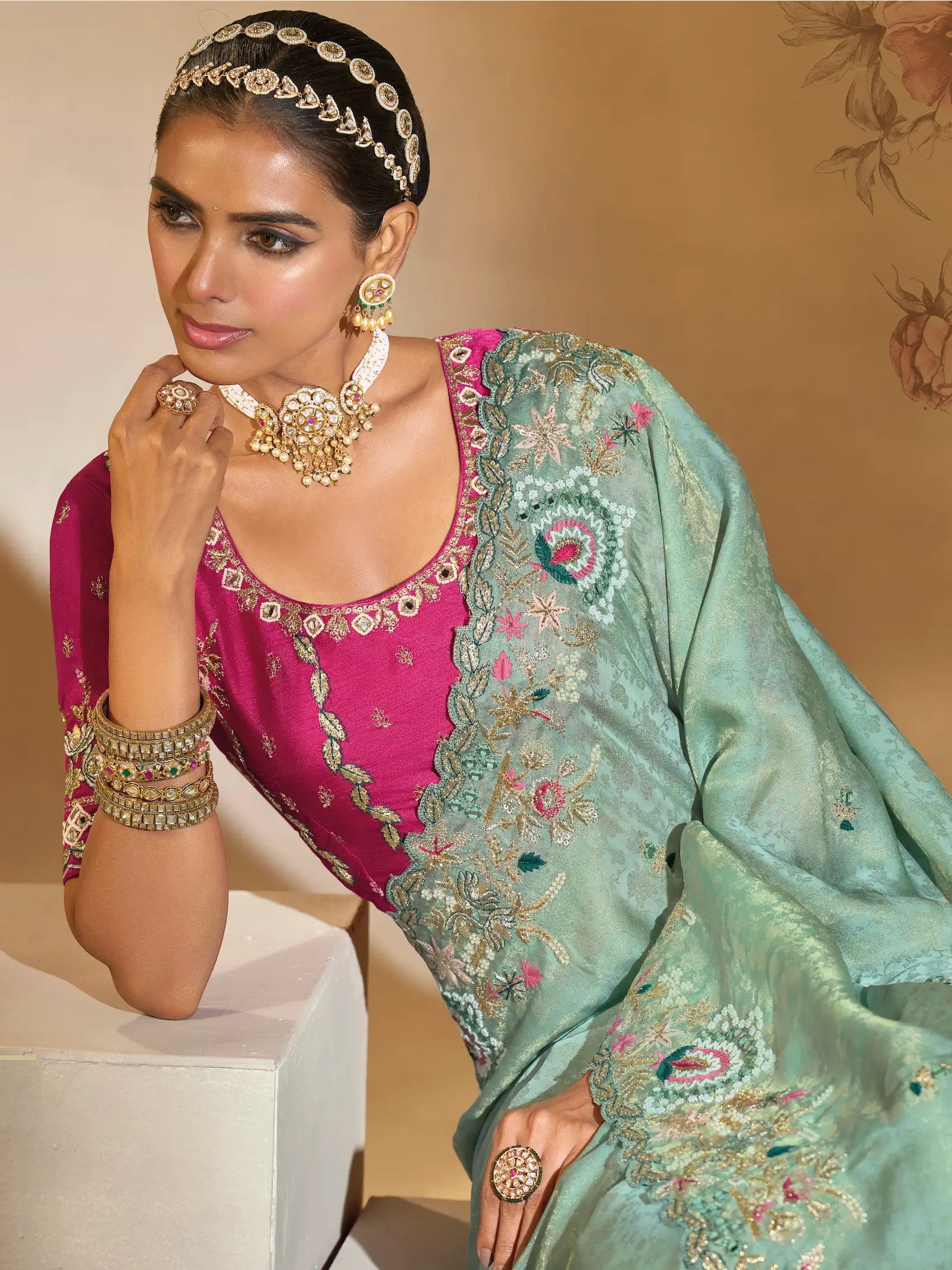Sea Green Silk Heavy Embroidery & Hand Work Saree - qivii