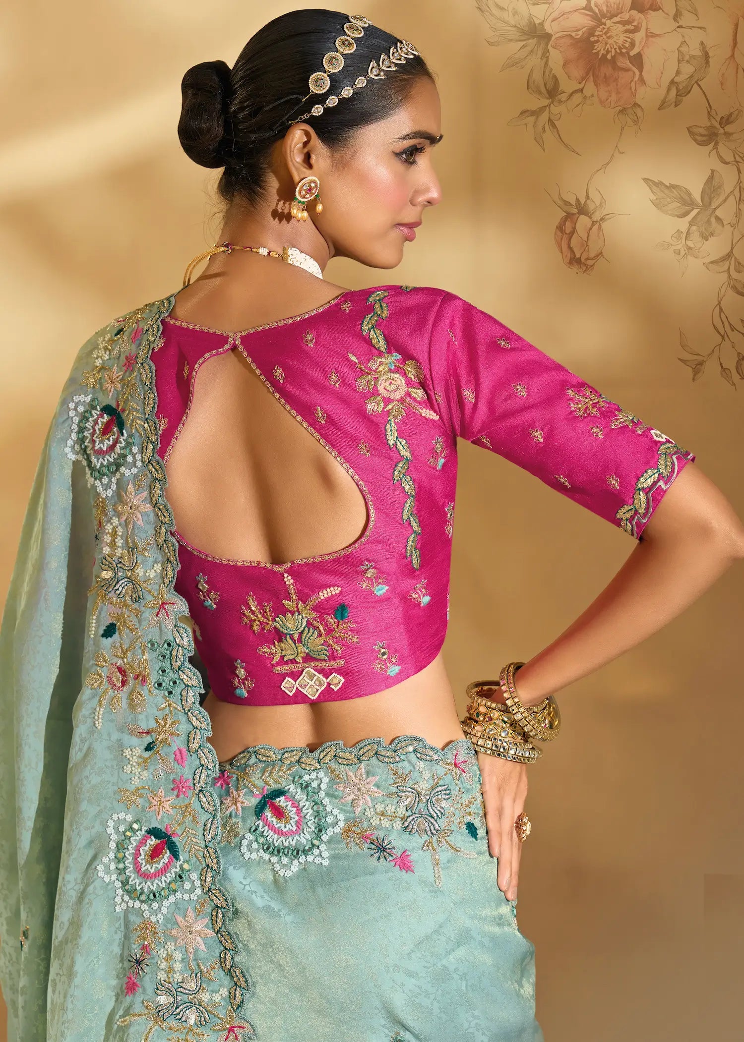 Sea Green Silk Heavy Embroidery & Hand Work Saree - qivii