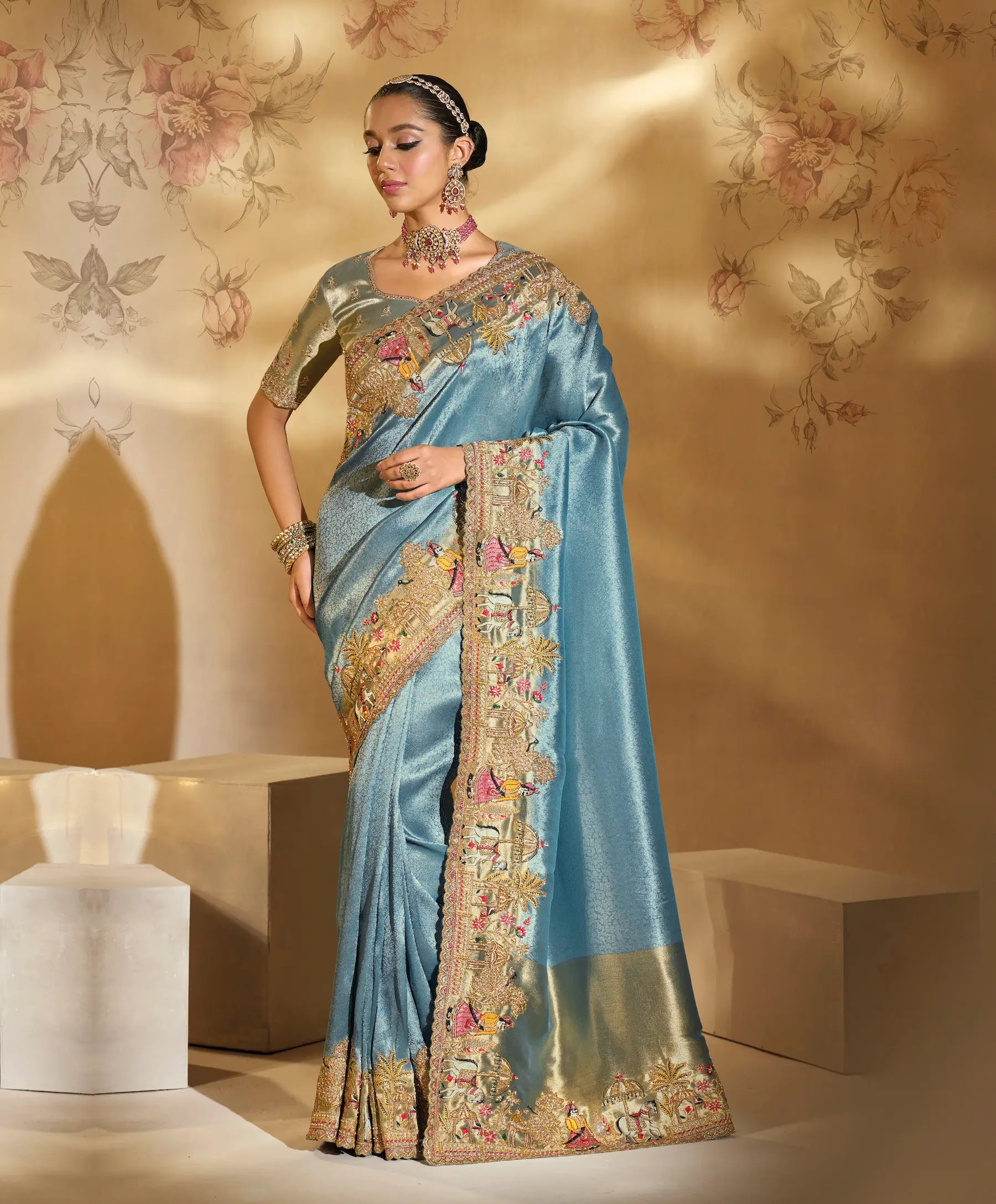 Teal Blue Silk Heavy Embroidery & Hand Work Saree - qivii