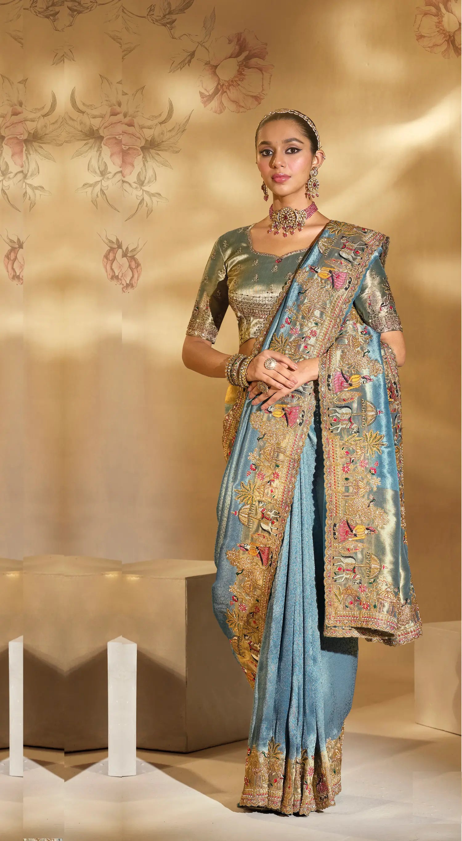 Teal Blue Silk Heavy Embroidery & Hand Work Saree - qivii