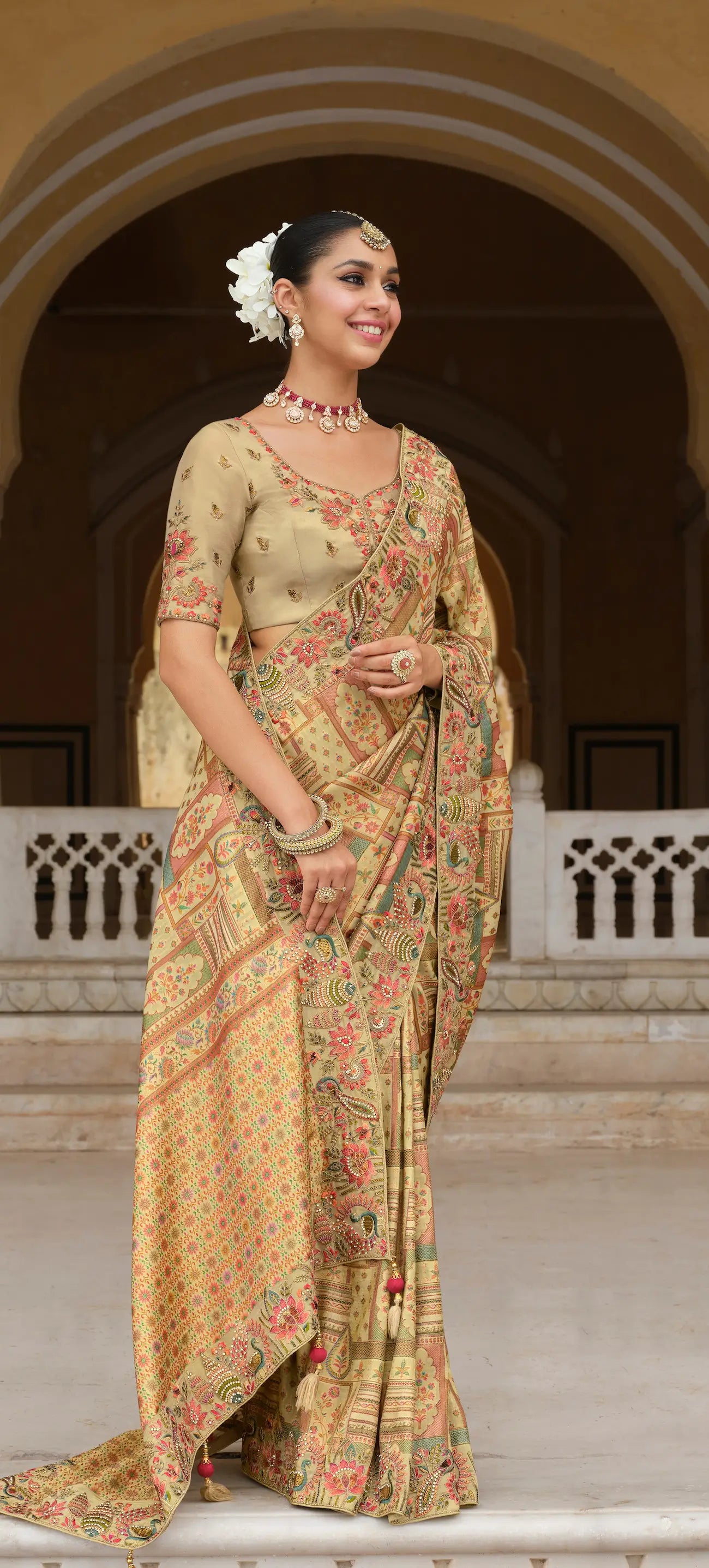 Sand Beige Heavy Embroidery Zari Silk Saree
