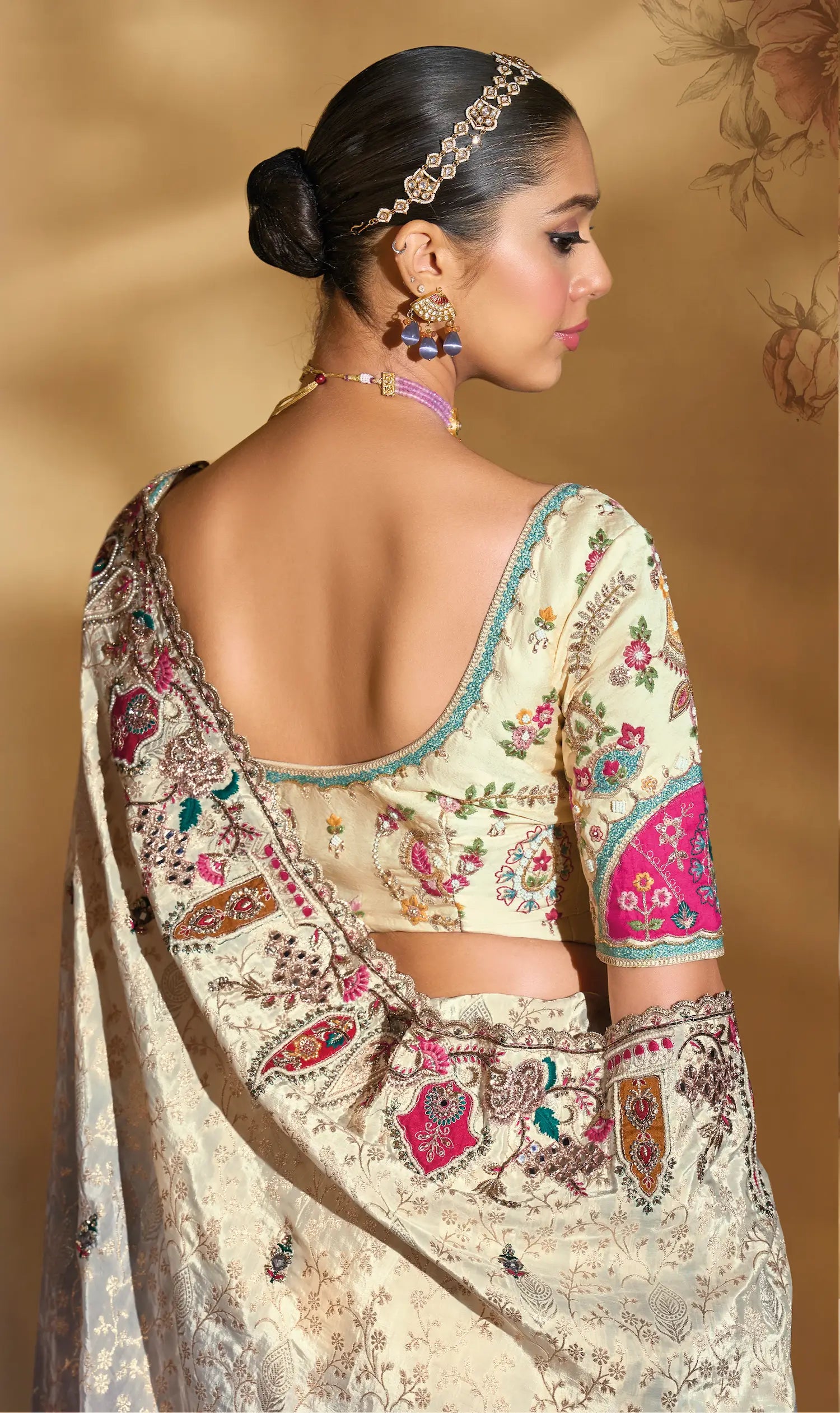 Beige-Grey Crepe Silk Heavy Embroidery & Hand Work Saree - qivii