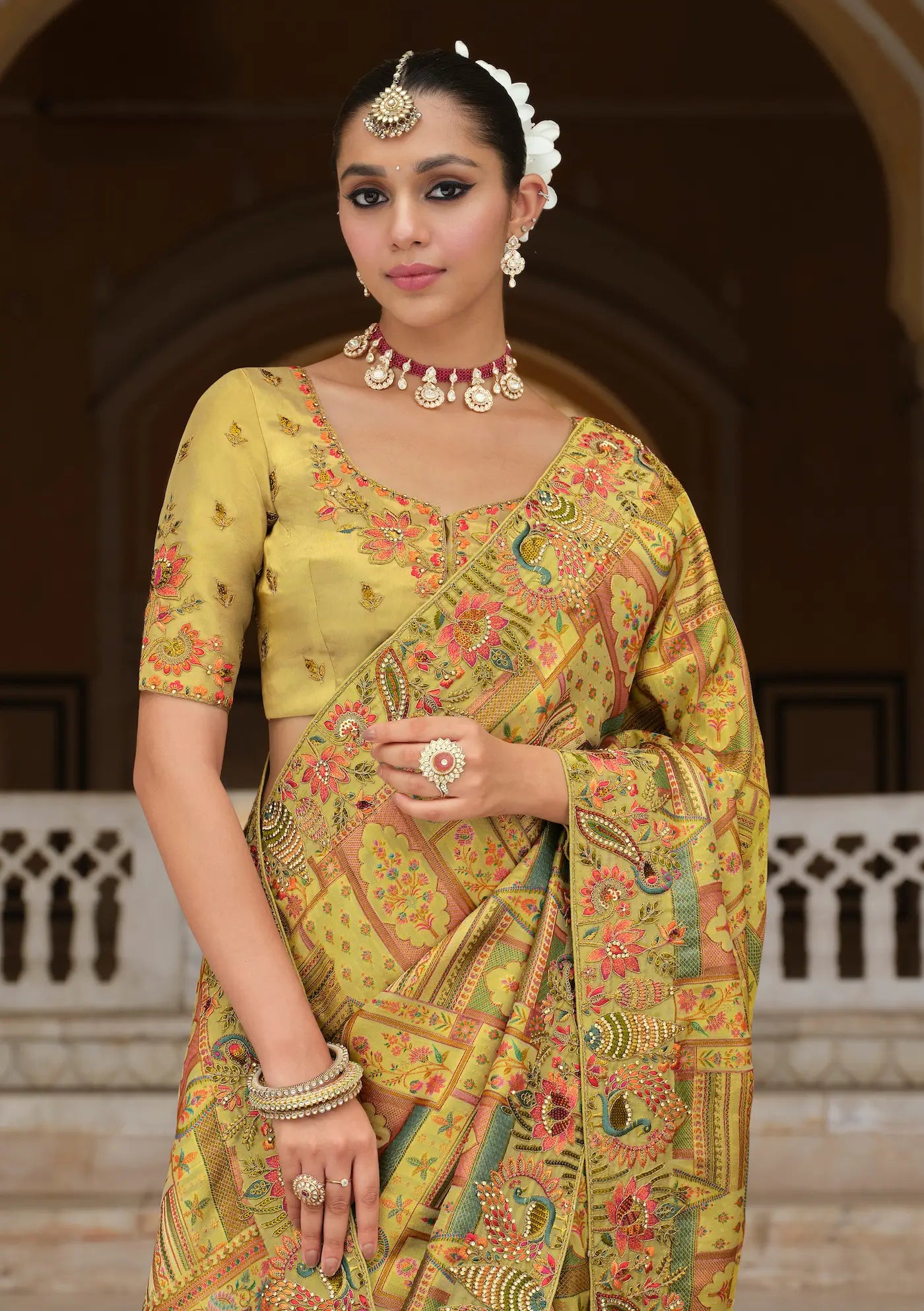 Ginger Yellow Heavy Embroidery Zari Silk Saree