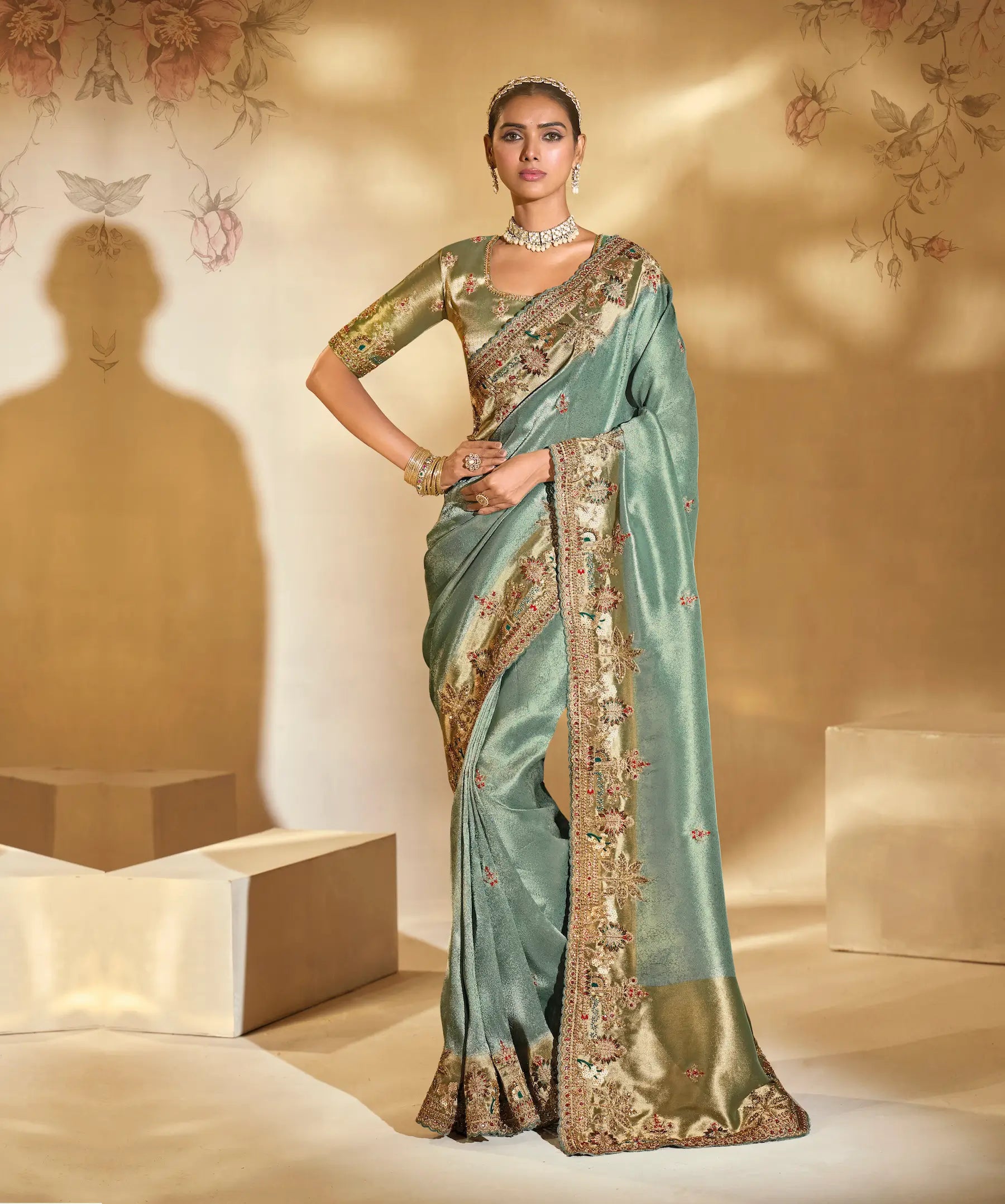 Smoky Green Silk Heavy Embroidery & Hand Work Saree - qivii