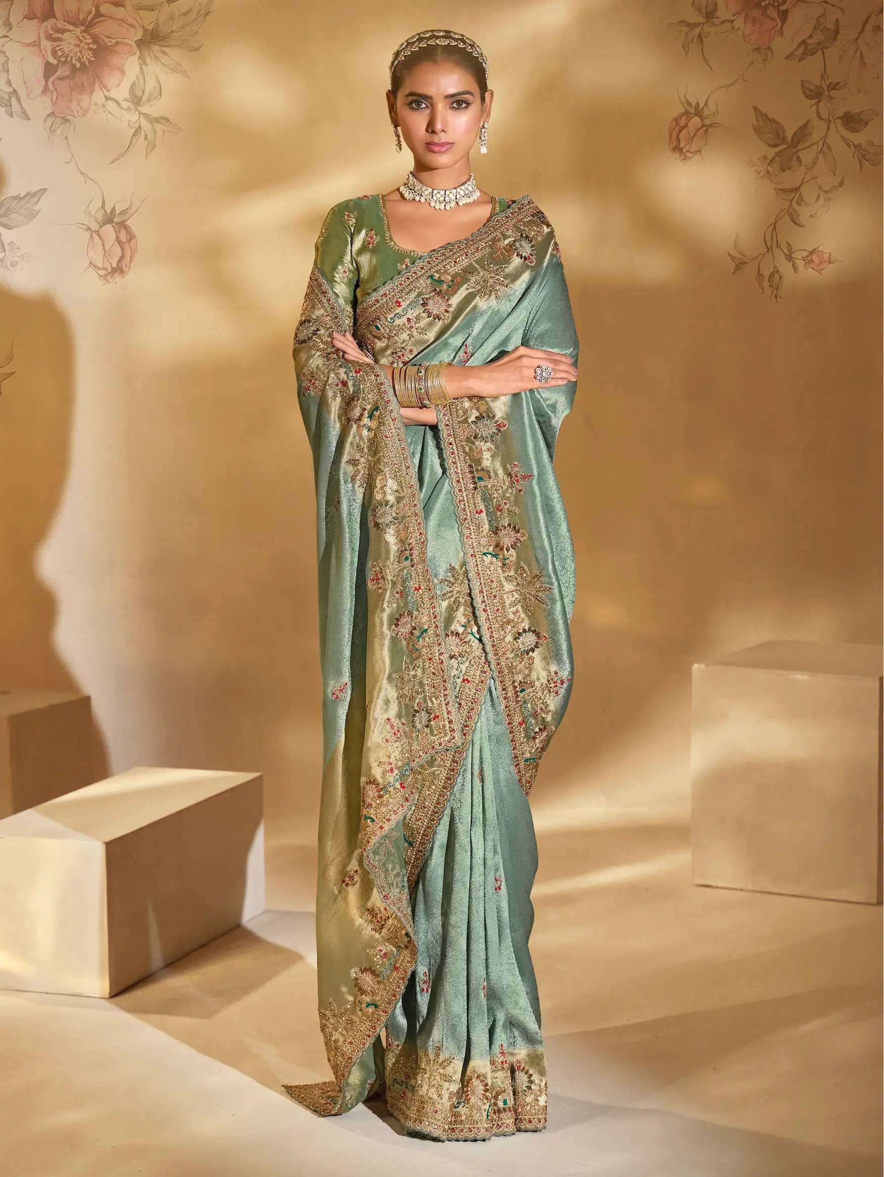 Smoky Green Silk Heavy Embroidery & Hand Work Saree - qivii
