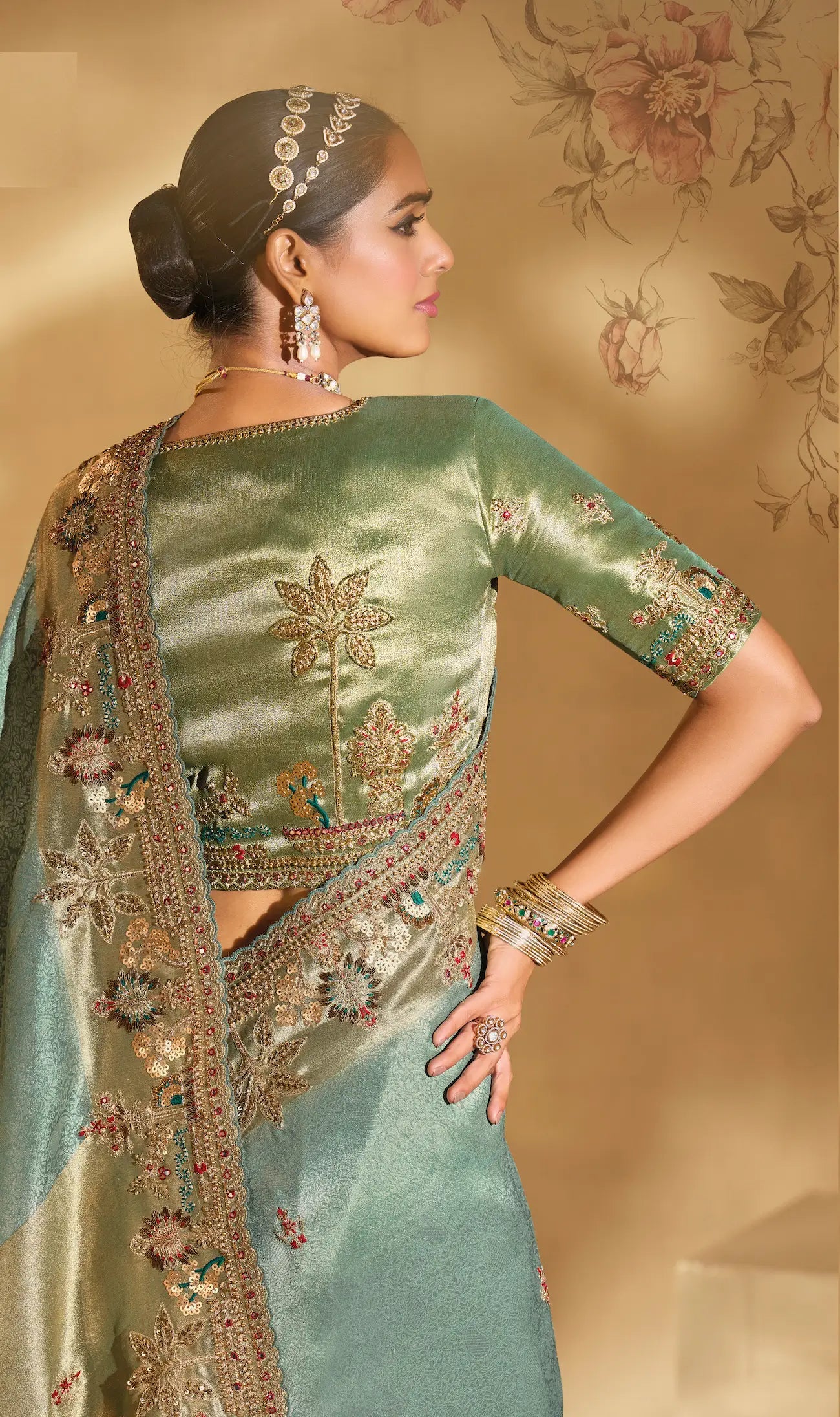 Smoky Green Silk Heavy Embroidery & Hand Work Saree - qivii