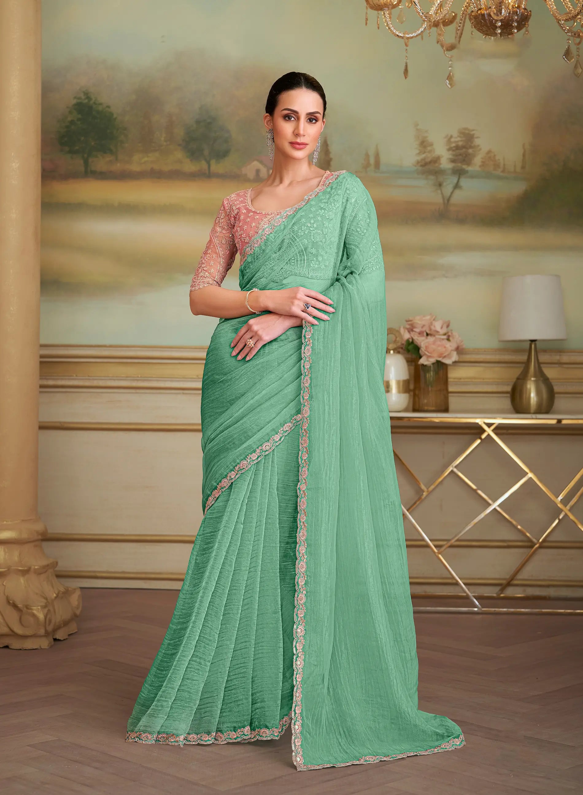 Summer Green Crush Georgette Embroidery Saree