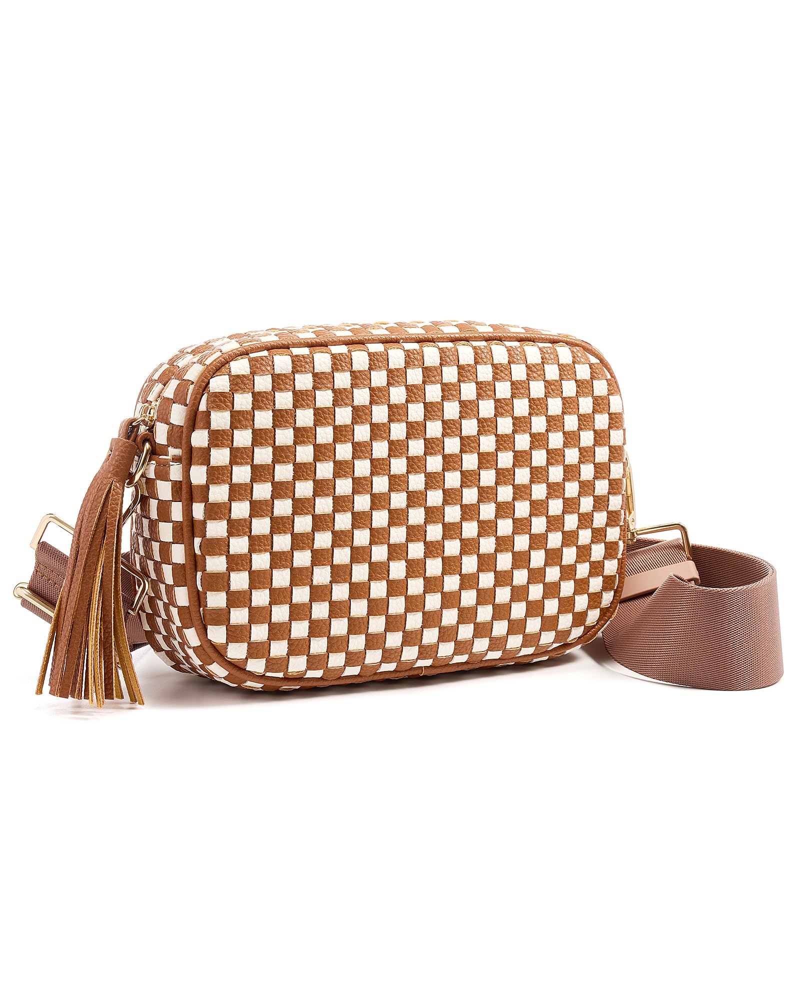 Ounamei PU Leather Woven Crossbody Bag | Checkered Shoulder & Belt Bag for Women