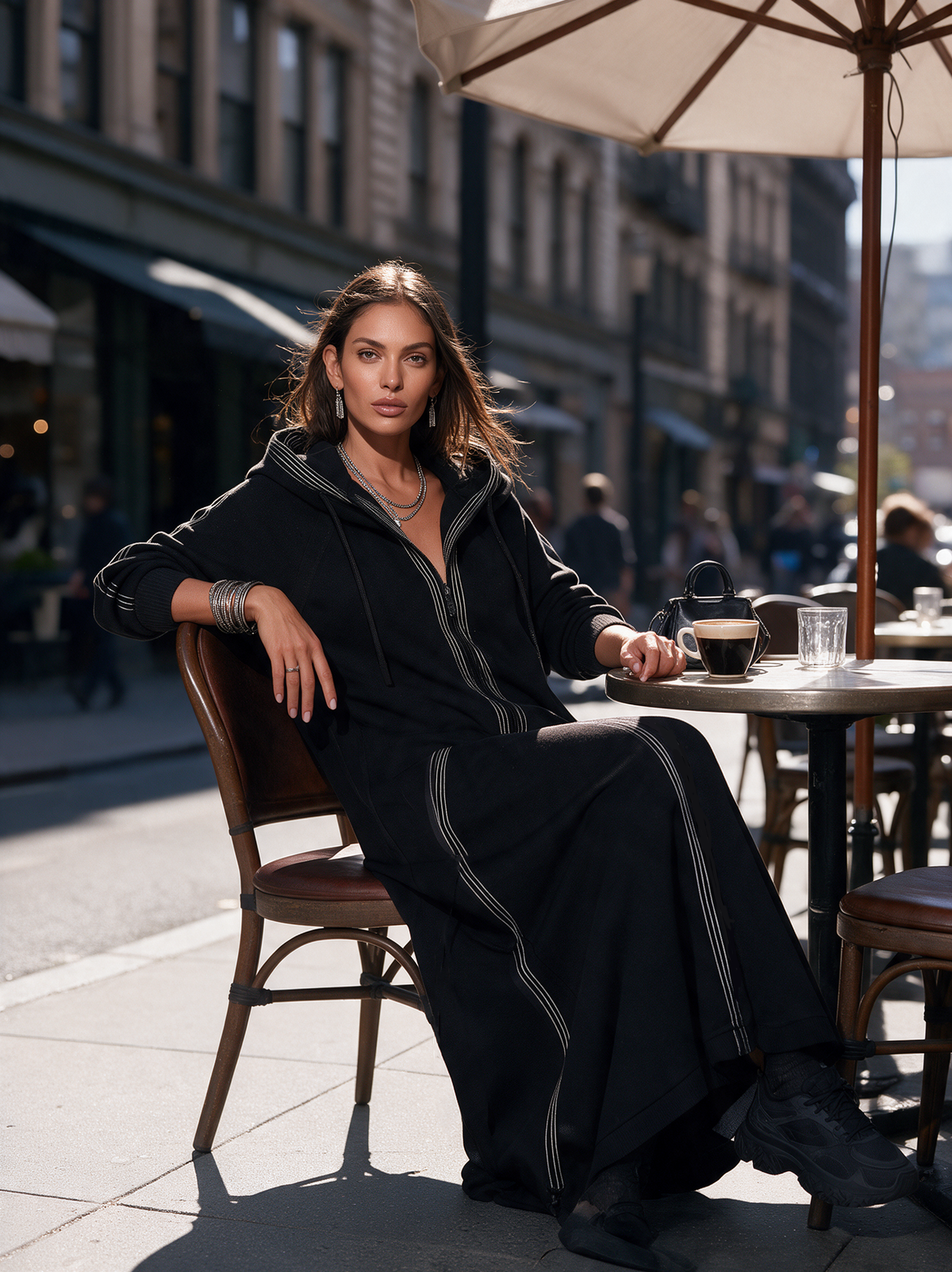 Women's Casual Black Long-Sleeve Hooded Long Coat In Sweatshirt Fabric
