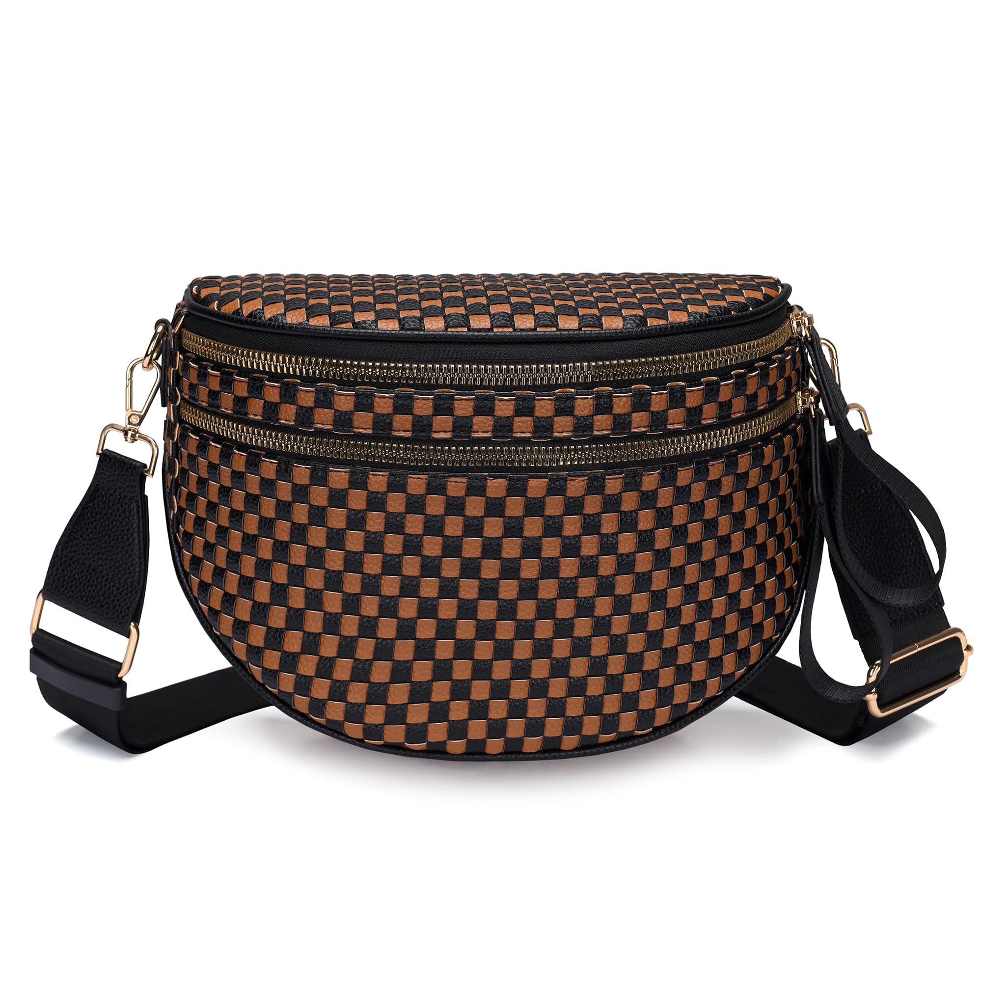 Ounamei Checkered Woven Crossbody Bum Bag | Vegan Leather Sling Bag with Adjustable Strap