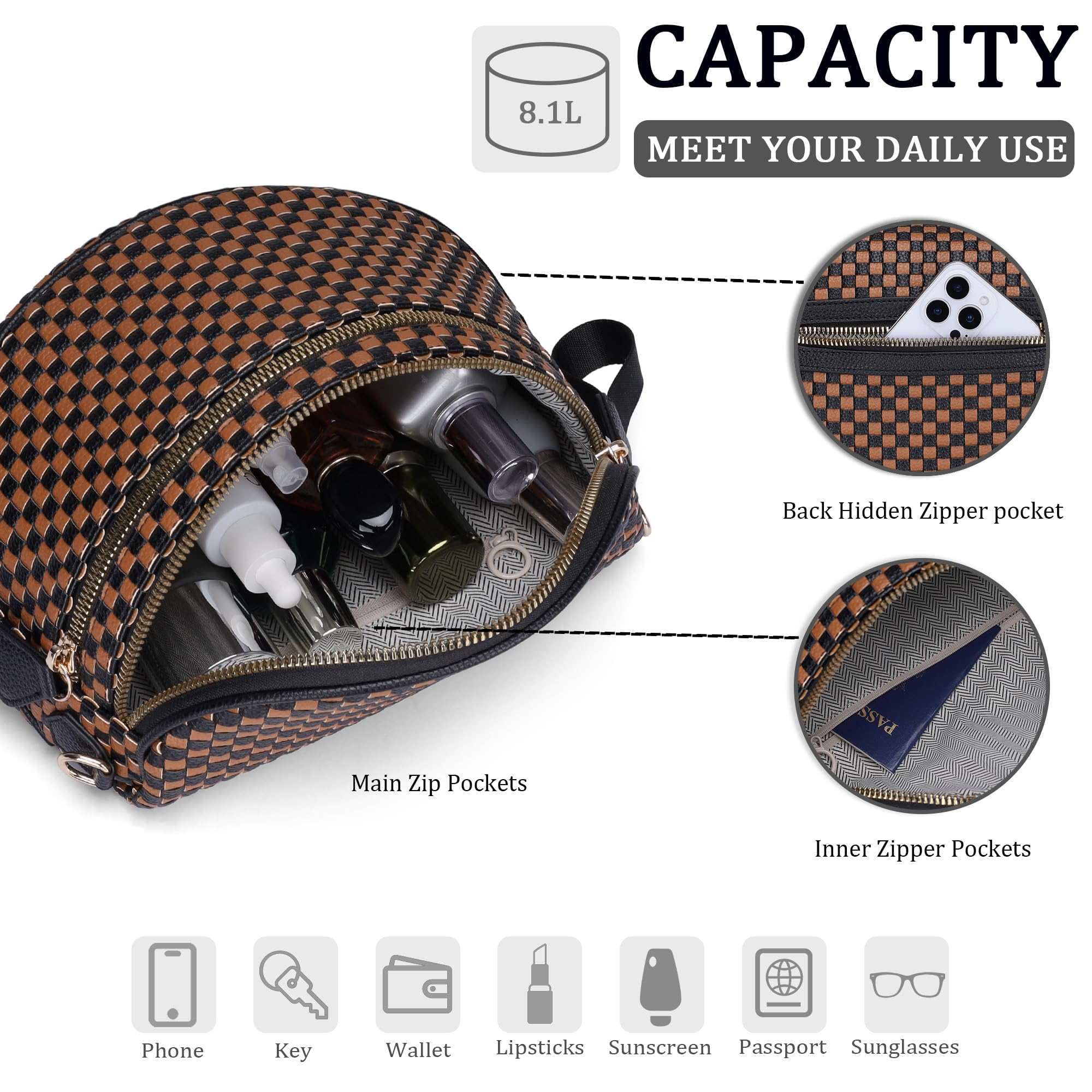 Ounamei Checkered Woven Crossbody Bum Bag | Vegan Leather Sling Bag with Adjustable Strap