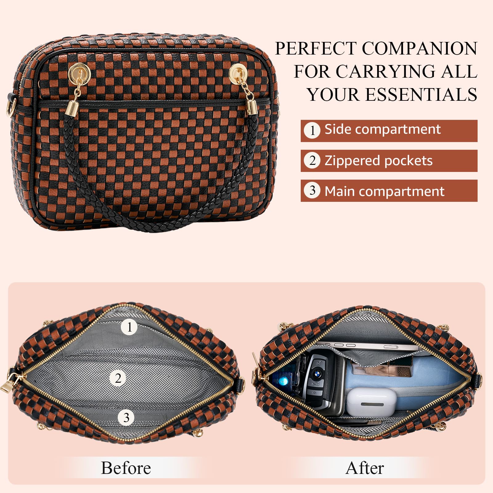 Ounamei Chic Checkered Woven Handbag Top Handle Crossbody Shoulder Bag Vegan Leather