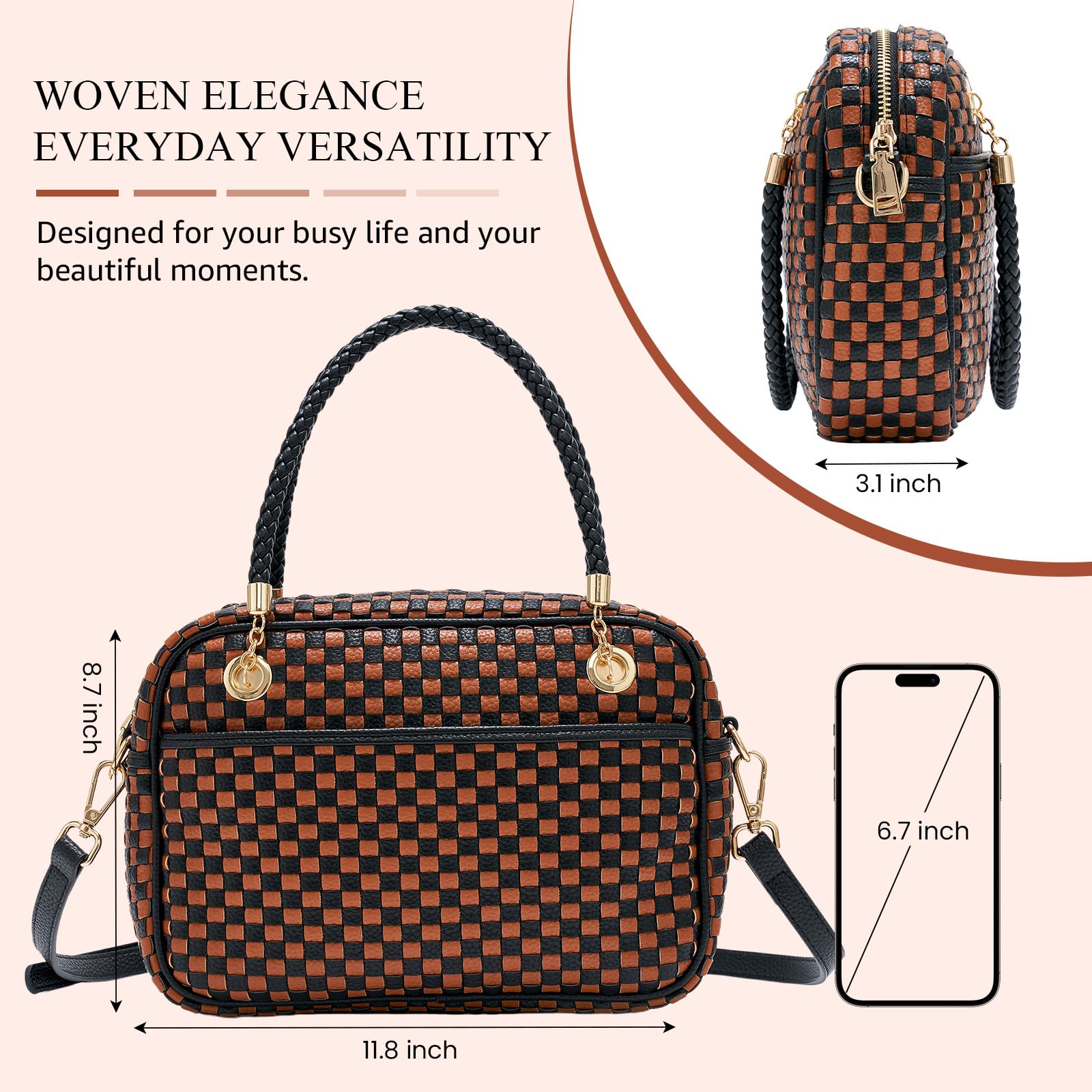 Ounamei Chic Checkered Woven Handbag Top Handle Crossbody Shoulder Bag Vegan Leather