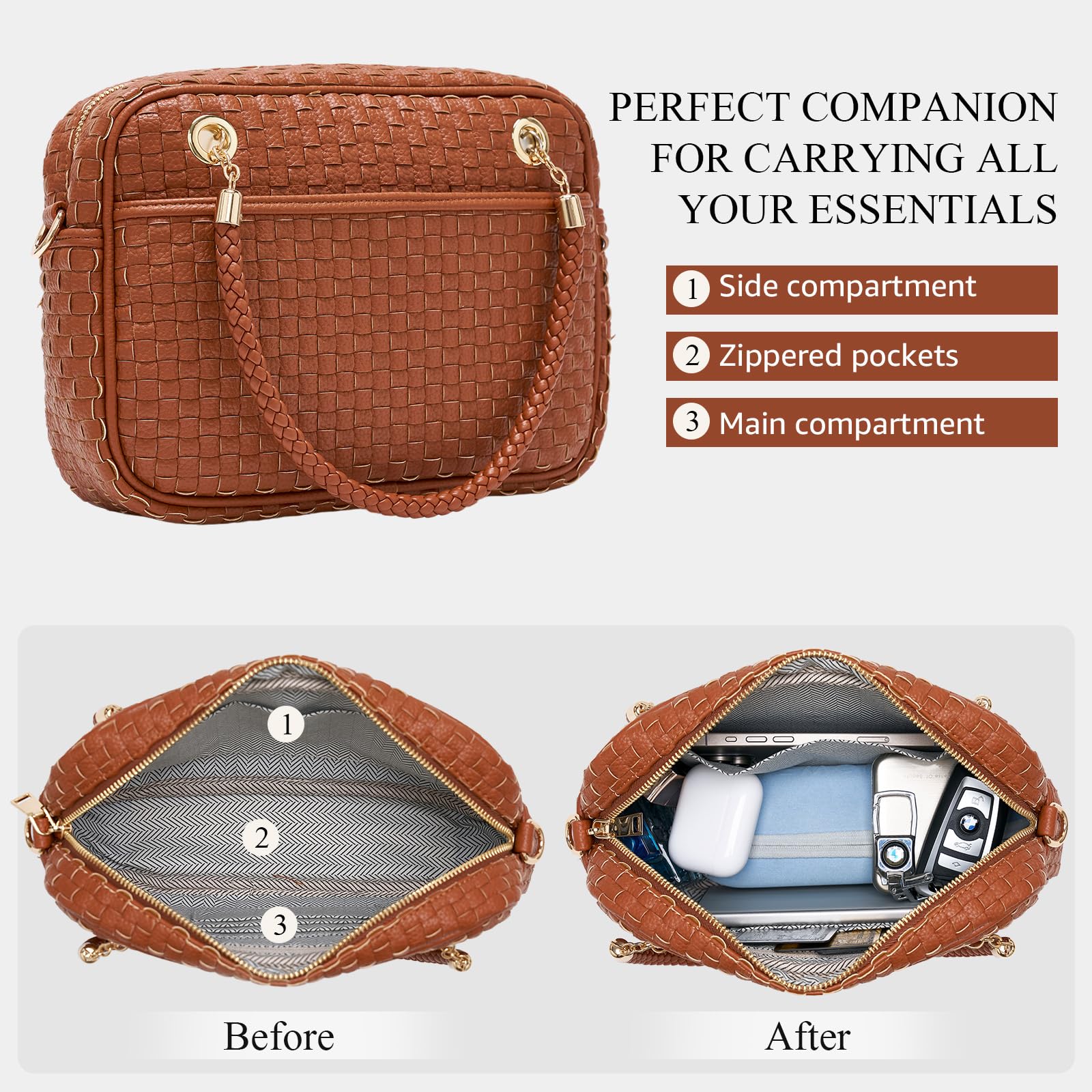 Ounamei Chic Checkered Woven Handbag Top Handle Crossbody Shoulder Bag Vegan Leather