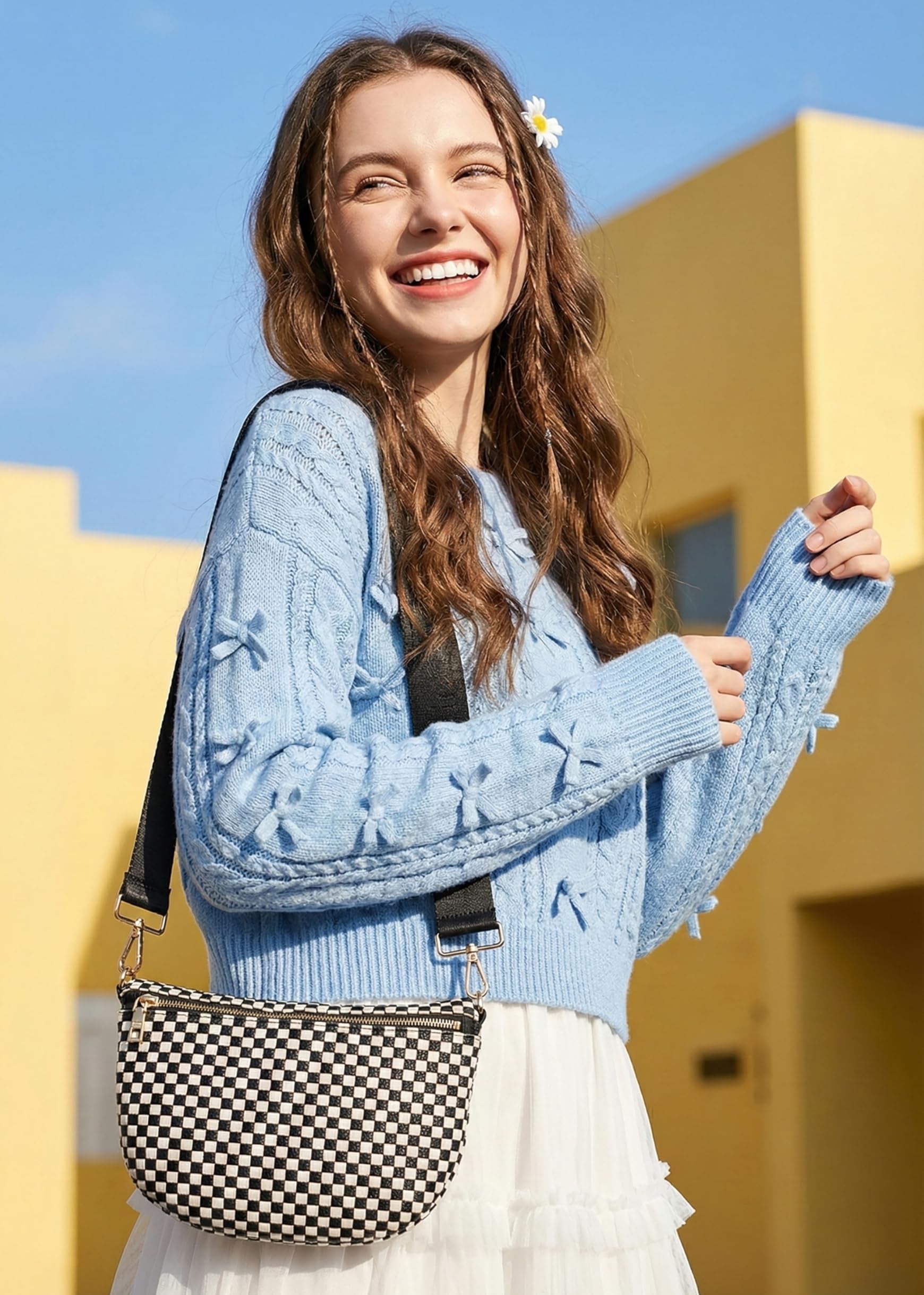 Ounamei Checkered Woven Crossbody Fanny Pack for Women – Adjustable Sling Bum Bag, Lightweight Everyday Travel Shoulder Purse