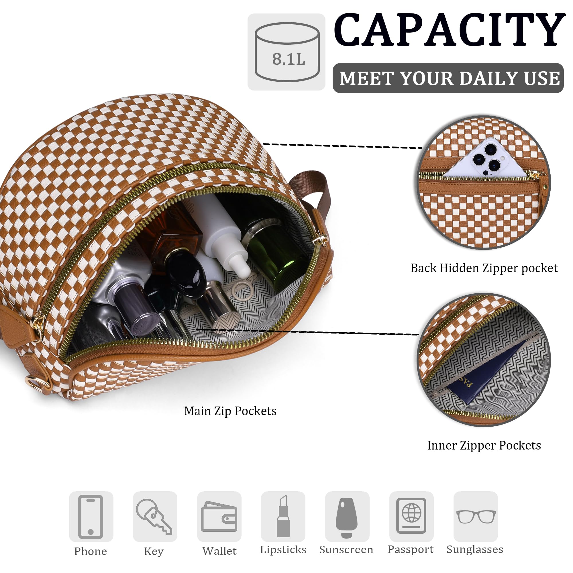 Ounamei Checkered Woven Crossbody Bum Bag | Vegan Leather Sling Bag with Adjustable Strap