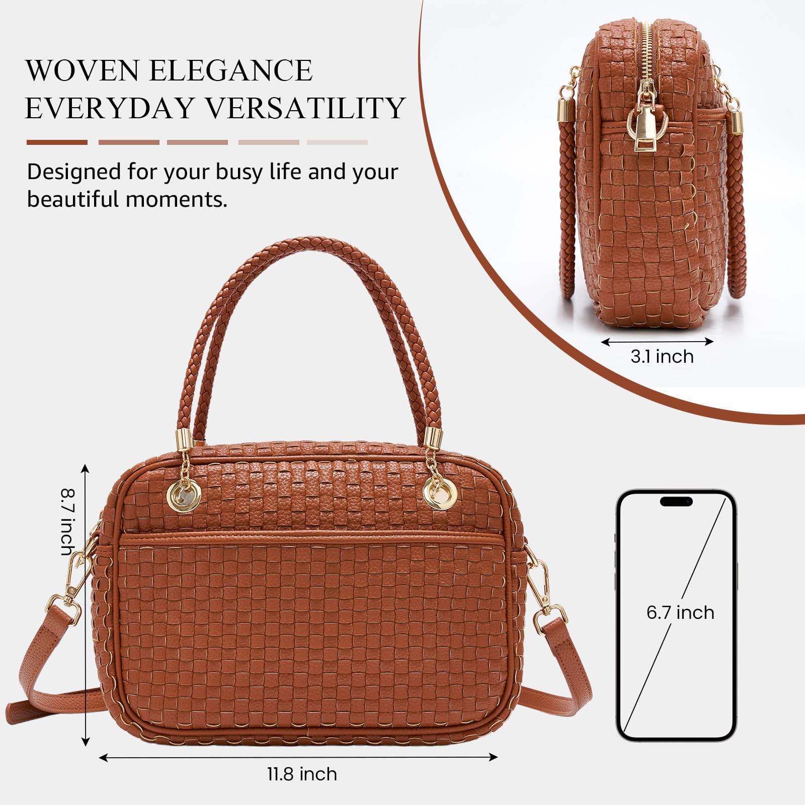 Ounamei Chic Checkered Woven Handbag Top Handle Crossbody Shoulder Bag Vegan Leather