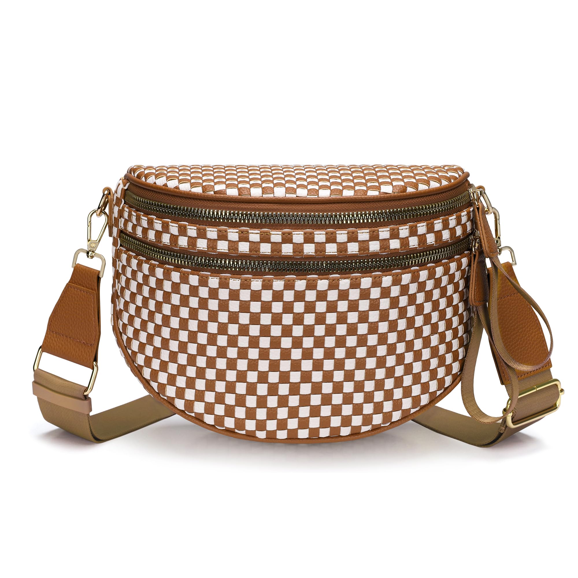 Ounamei Checkered Woven Crossbody Bum Bag | Vegan Leather Sling Bag with Adjustable Strap