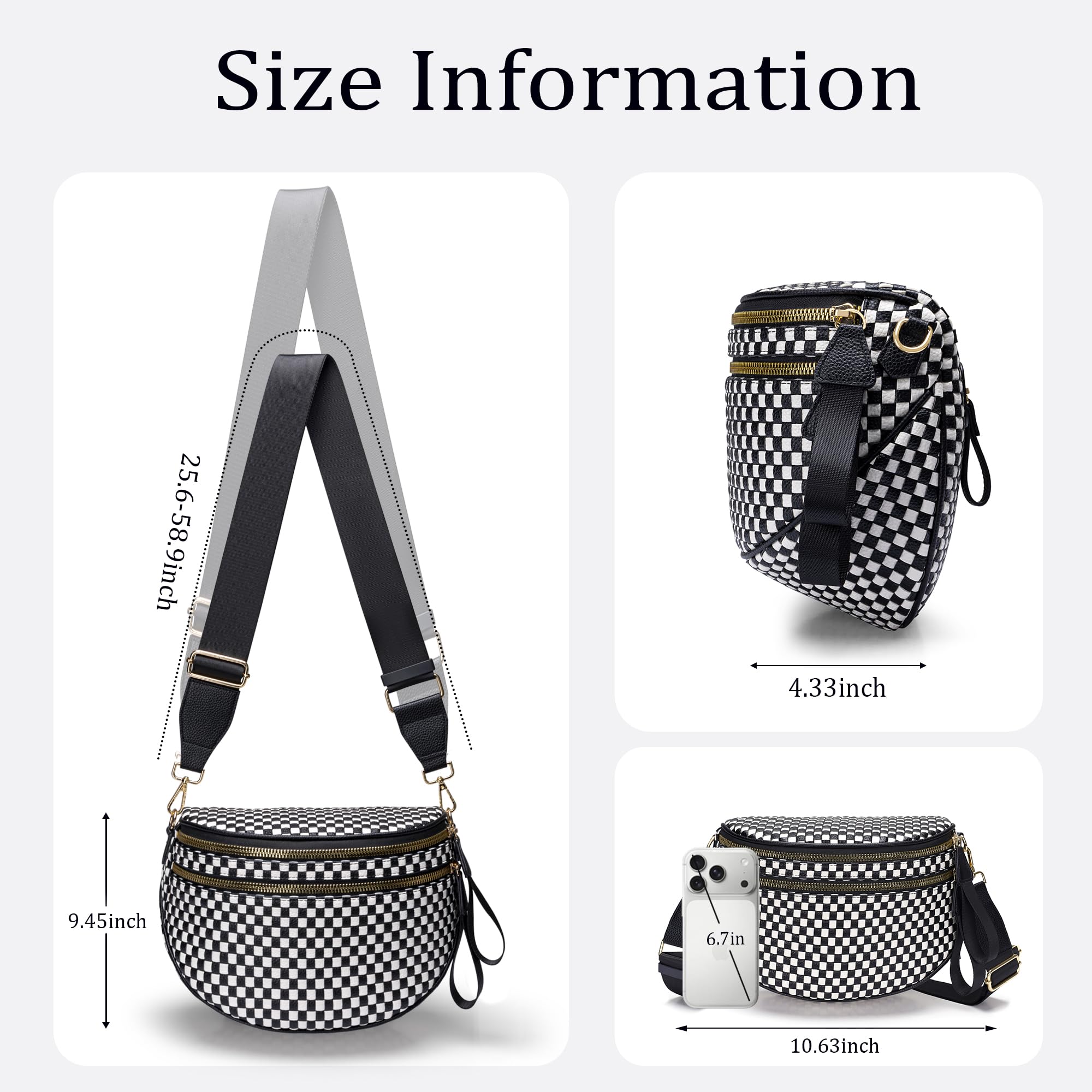 Ounamei Checkered Woven Crossbody Bum Bag | Vegan Leather Sling Bag with Adjustable Strap