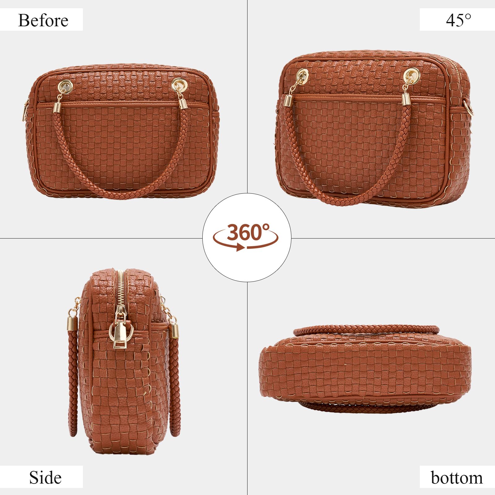 Ounamei Chic Checkered Woven Handbag Top Handle Crossbody Shoulder Bag Vegan Leather