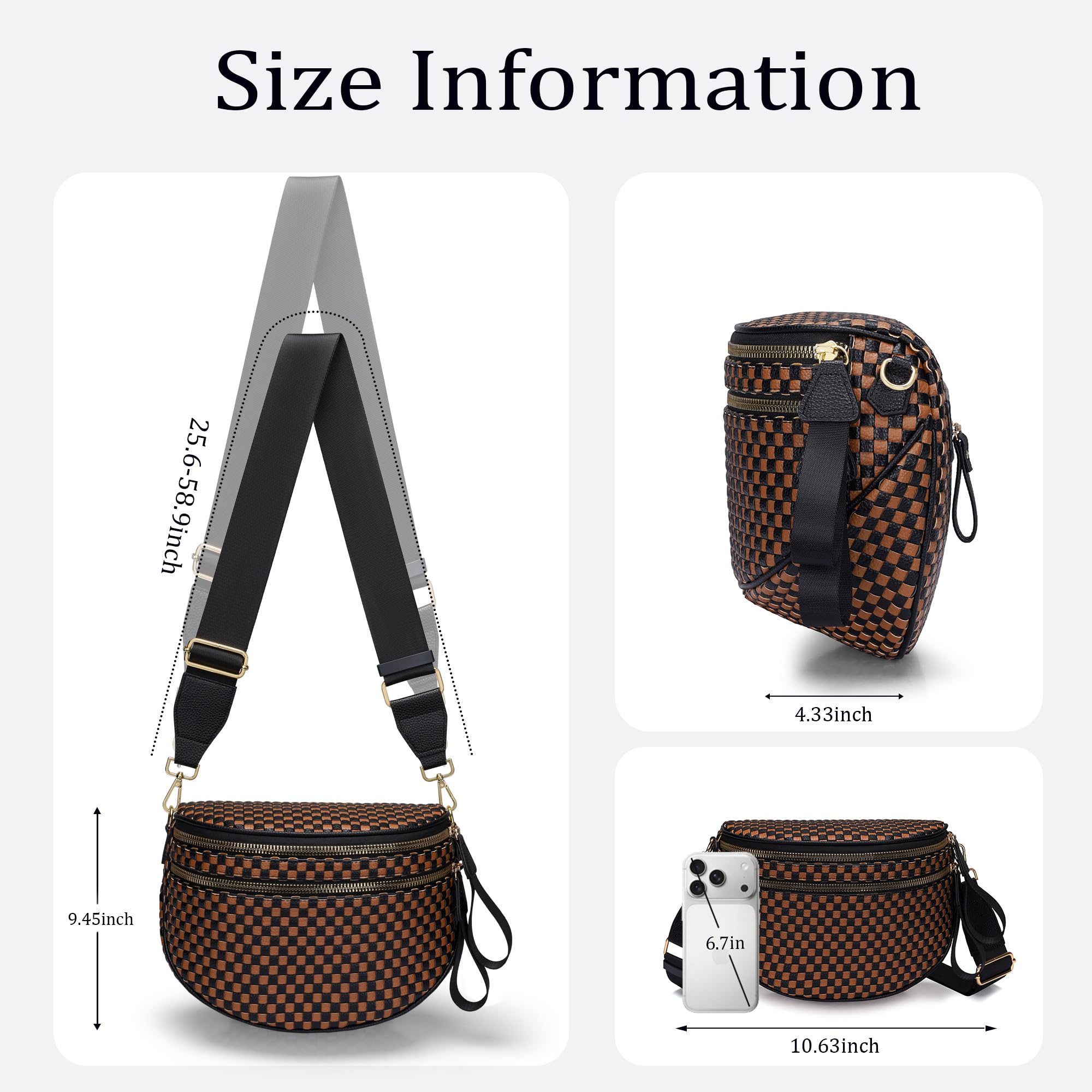 Ounamei Checkered Woven Crossbody Bum Bag | Vegan Leather Sling Bag with Adjustable Strap