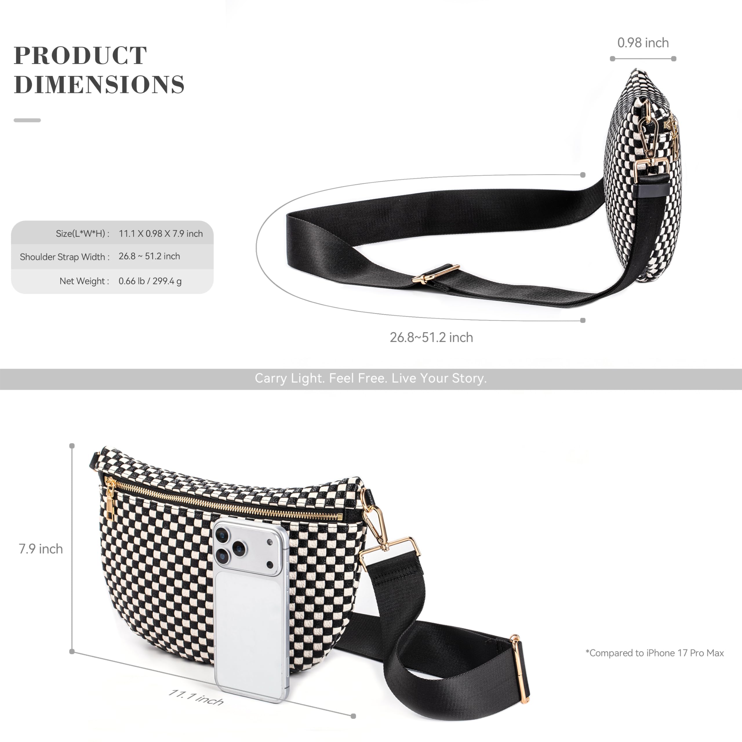 Ounamei Checkered Woven Crossbody Fanny Pack for Women – Adjustable Sling Bum Bag, Lightweight Everyday Travel Shoulder Purse