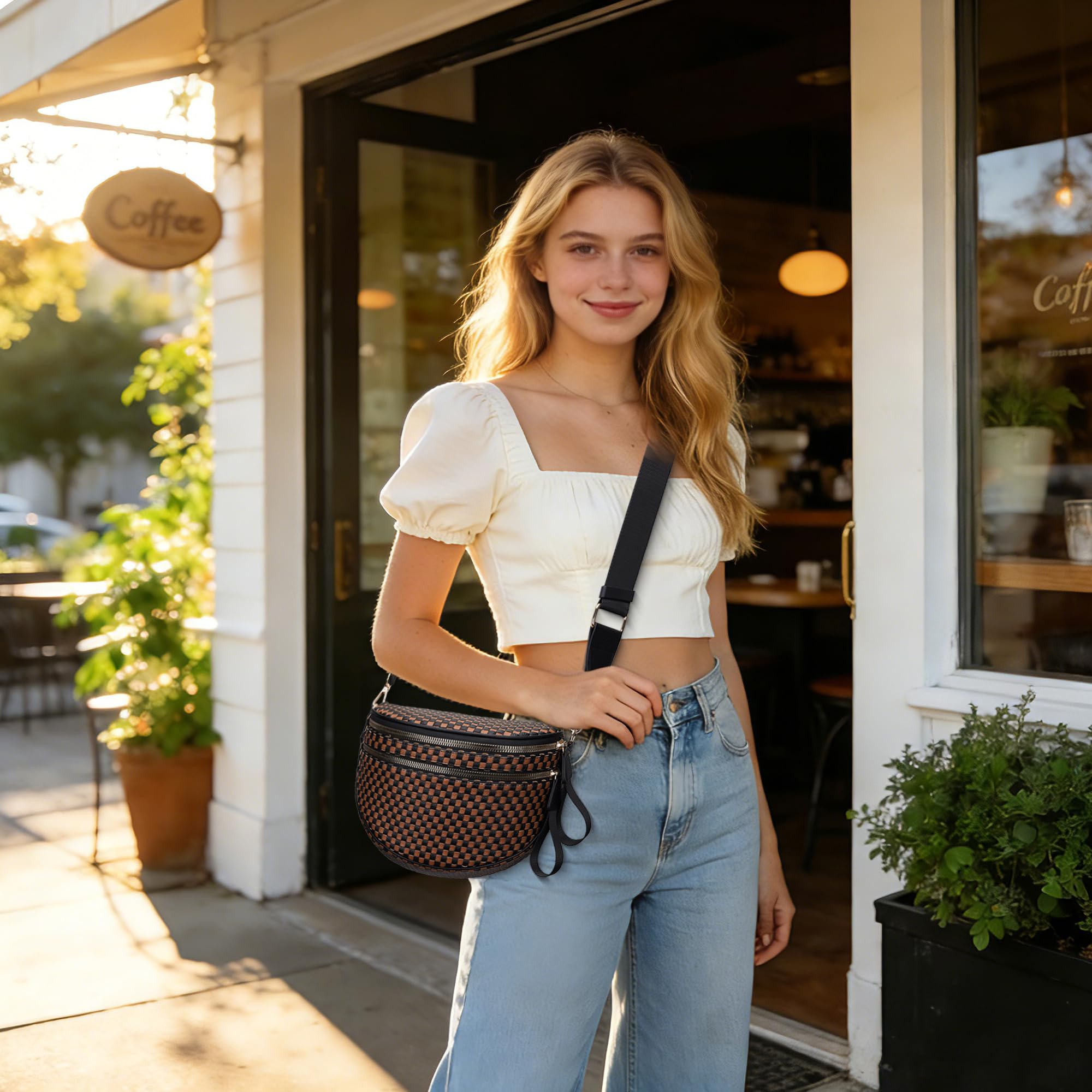 Ounamei Checkered Woven Crossbody Bum Bag | Vegan Leather Sling Bag with Adjustable Strap