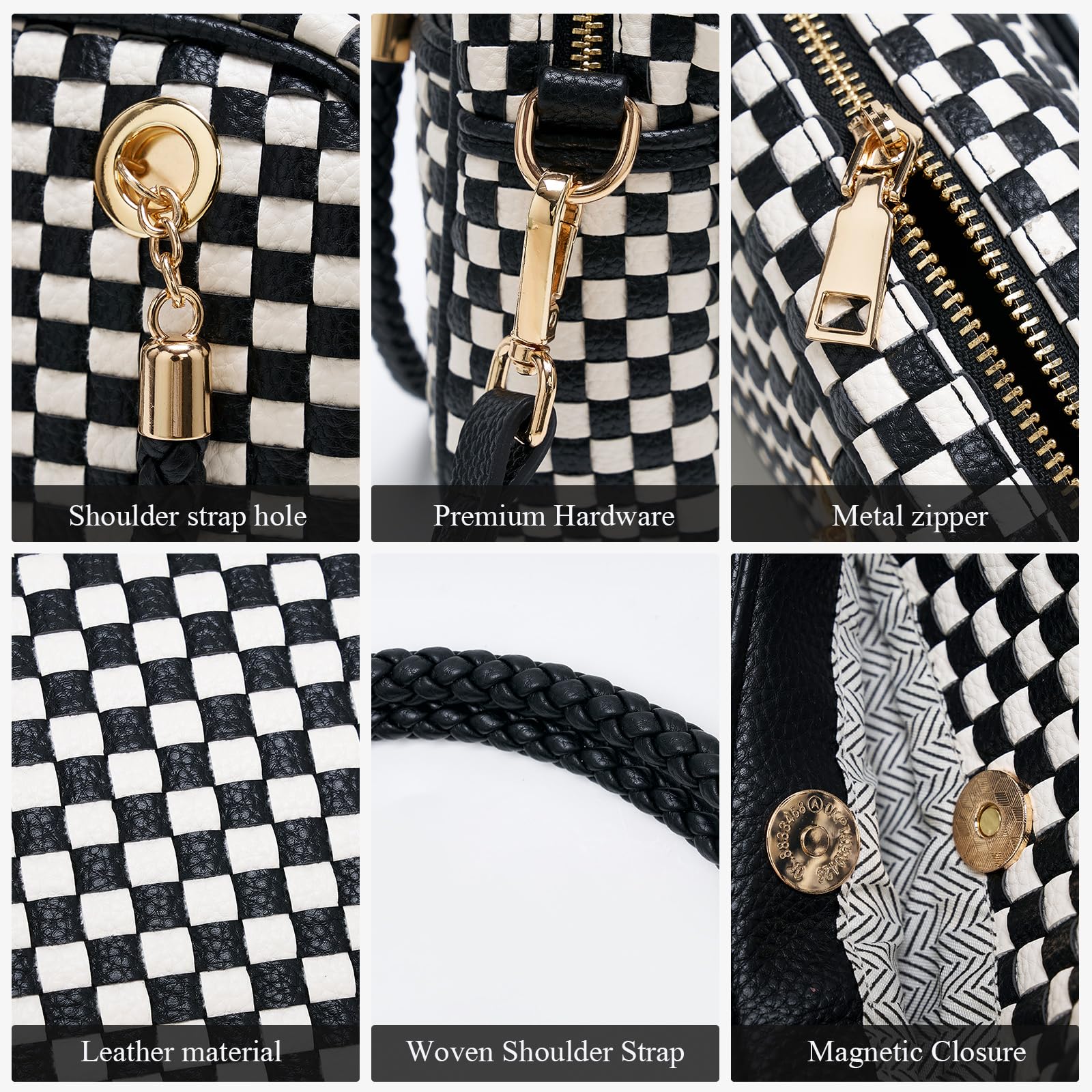 Ounamei Chic Checkered Woven Handbag Top Handle Crossbody Shoulder Bag Vegan Leather