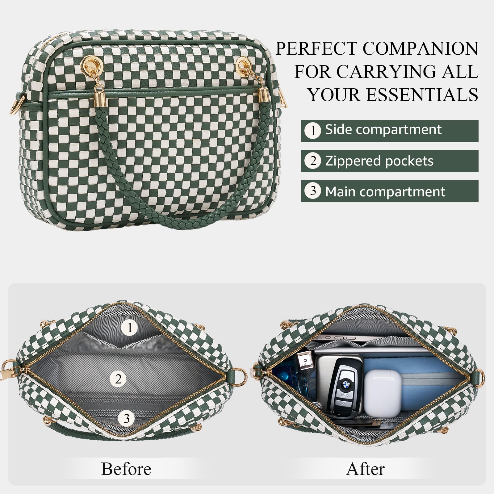 Ounamei Chic Checkered Woven Handbag Top Handle Crossbody Shoulder Bag Vegan Leather