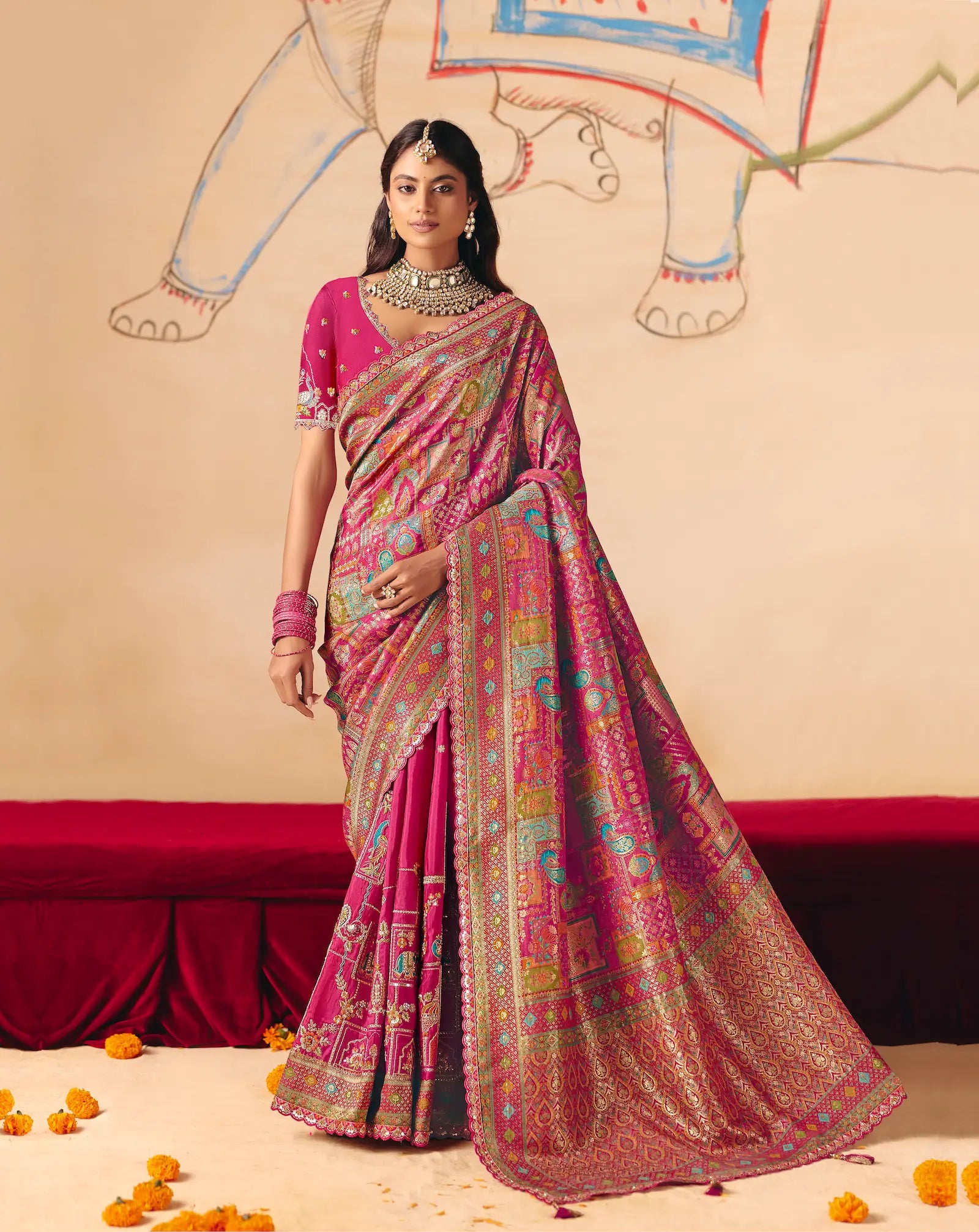 Rani Pink Dola Silk Zari & Embroidery Saree