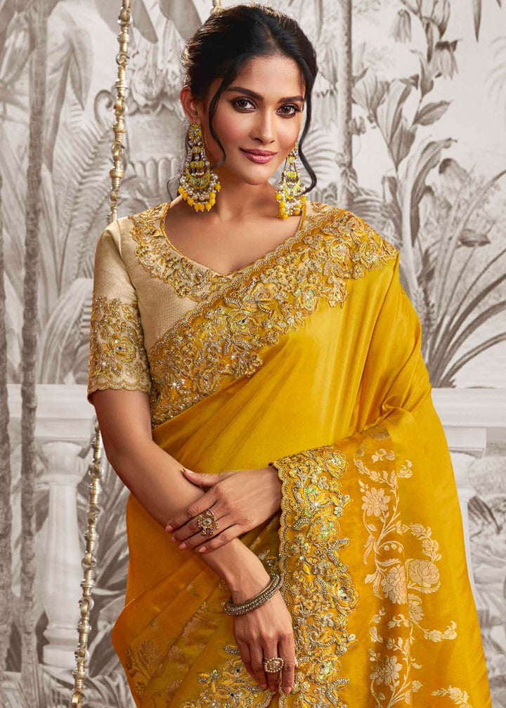 Mustard Yellow Designer Heavy Embroidered Silk Saree