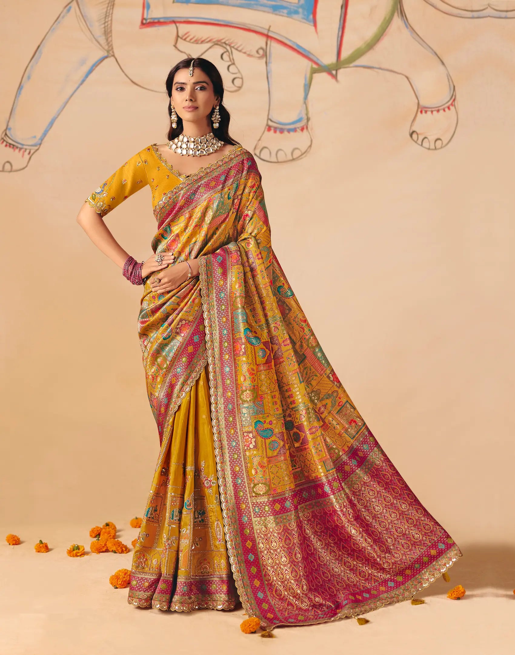 Mustard Yellow Dola Silk Zari & Embroidery Saree